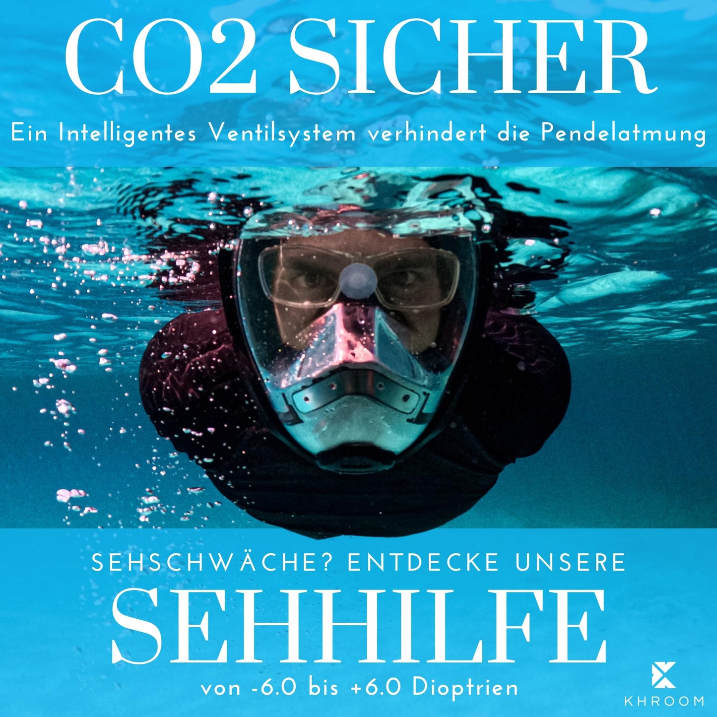 Khroom Snorkel Mask for Adults & Kids 3+ | CO2 safe | Full Face Mask with Easy-Breath System | Snorkel Set Alternative | Seaview Y Diving Mask Adult/Child (XS Blue)
