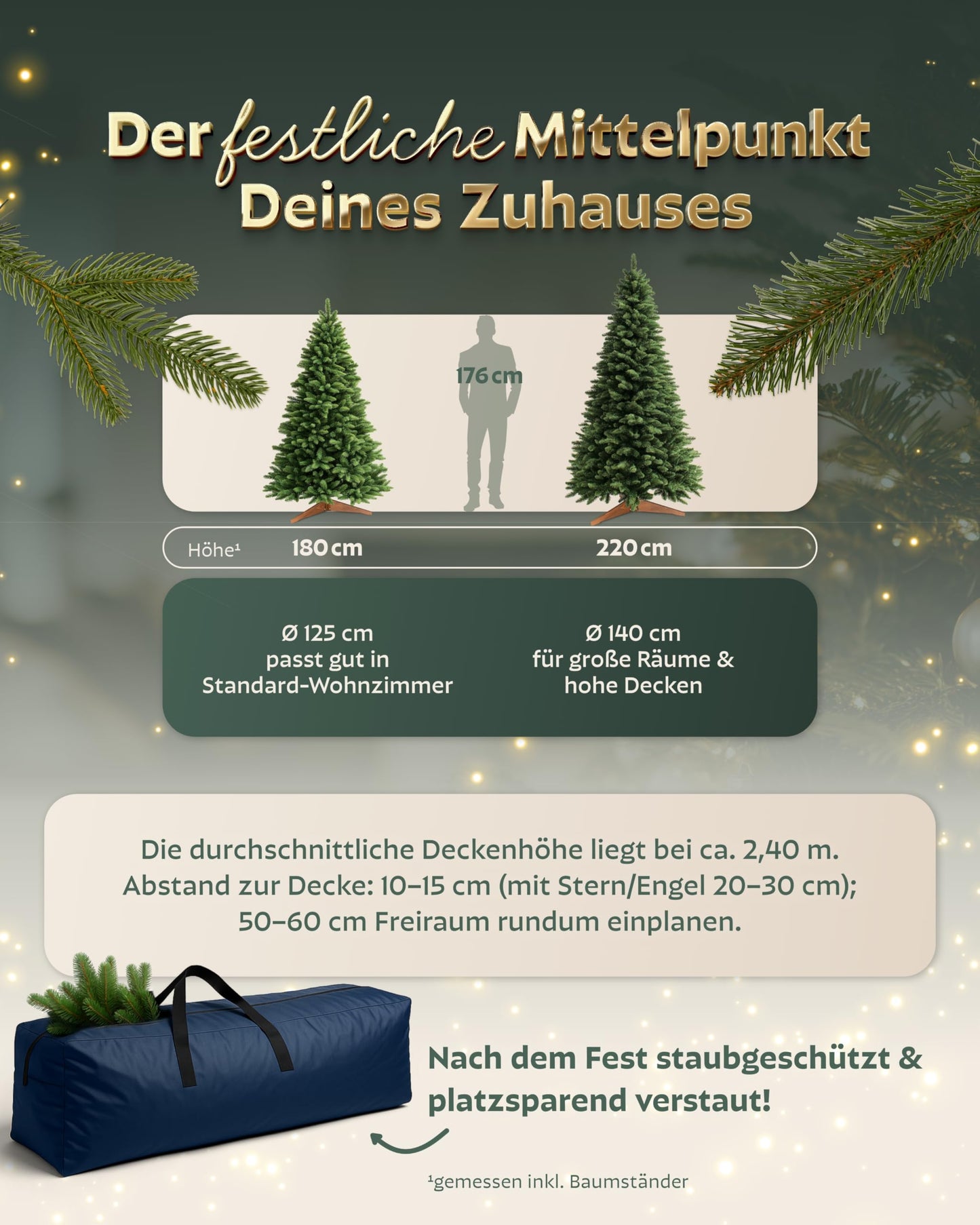 Håvn® Premium Artificial Christmas Tree (180cm Nordlys) | Realistic appearance, dense branches, includes wooden stand & storage bag - High-quality fir tree