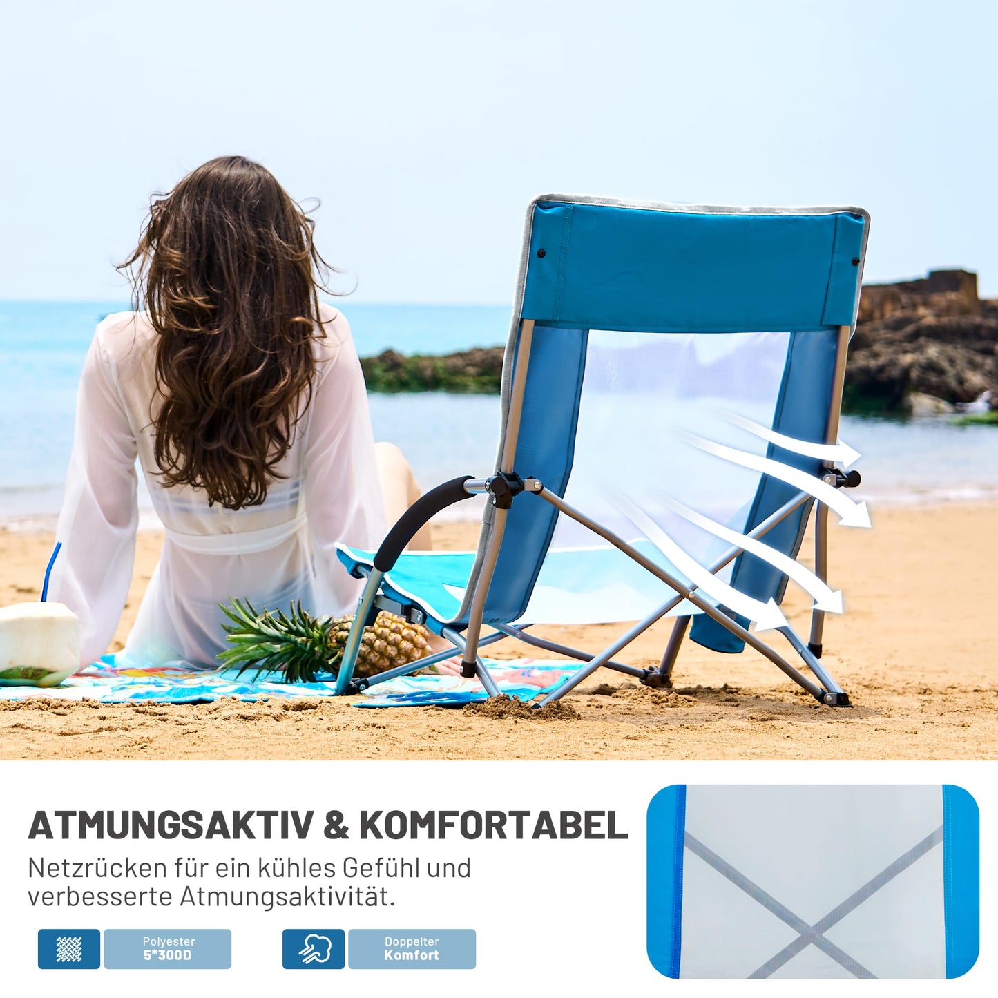 TIMBER RIDGE Beach Chair Foldable Lightweight Camping Chair with Low Chair Legs Breathable Mesh Backrest Blue 150kg Load-bearing