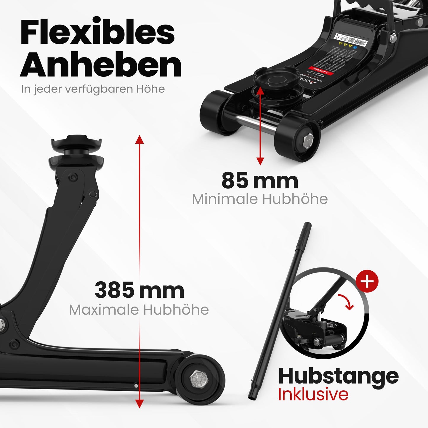 AUTORIA Jack 2.5T - Low-profile hydraulic trolley jack with case, 3X rubber pads & adapter - for cars & lowered vehicles - up to 2,500 kg lifting capacity