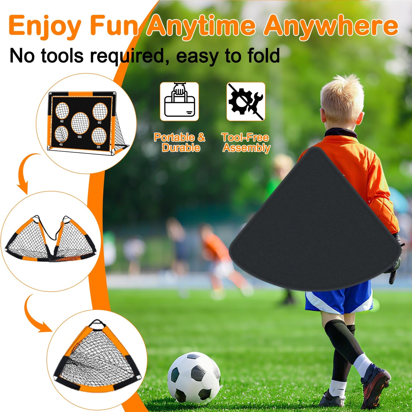 Gofady 2-in-1 Soccer Goal for Kids - Portable & Durable Soccer Goal with 5 Target Areas, Foldable Design, Carrying Bag, Garden, Park, Beach (Orange, 150 * 120 * 120cm)