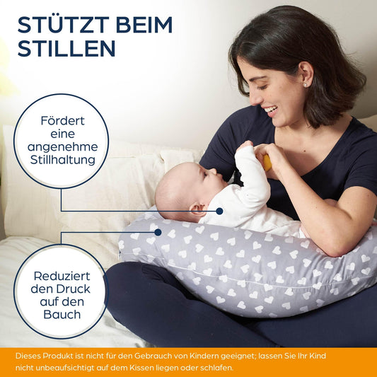 Niimo XXL+ 2-in-1 Pregnancy & Nursing Pillow - Includes Support Wedge, 100% Cotton Cover with Fiber Filling, 100% Washable, Ergonomic & Multifunctional, Grey with White Hearts (200 x 70 cm)