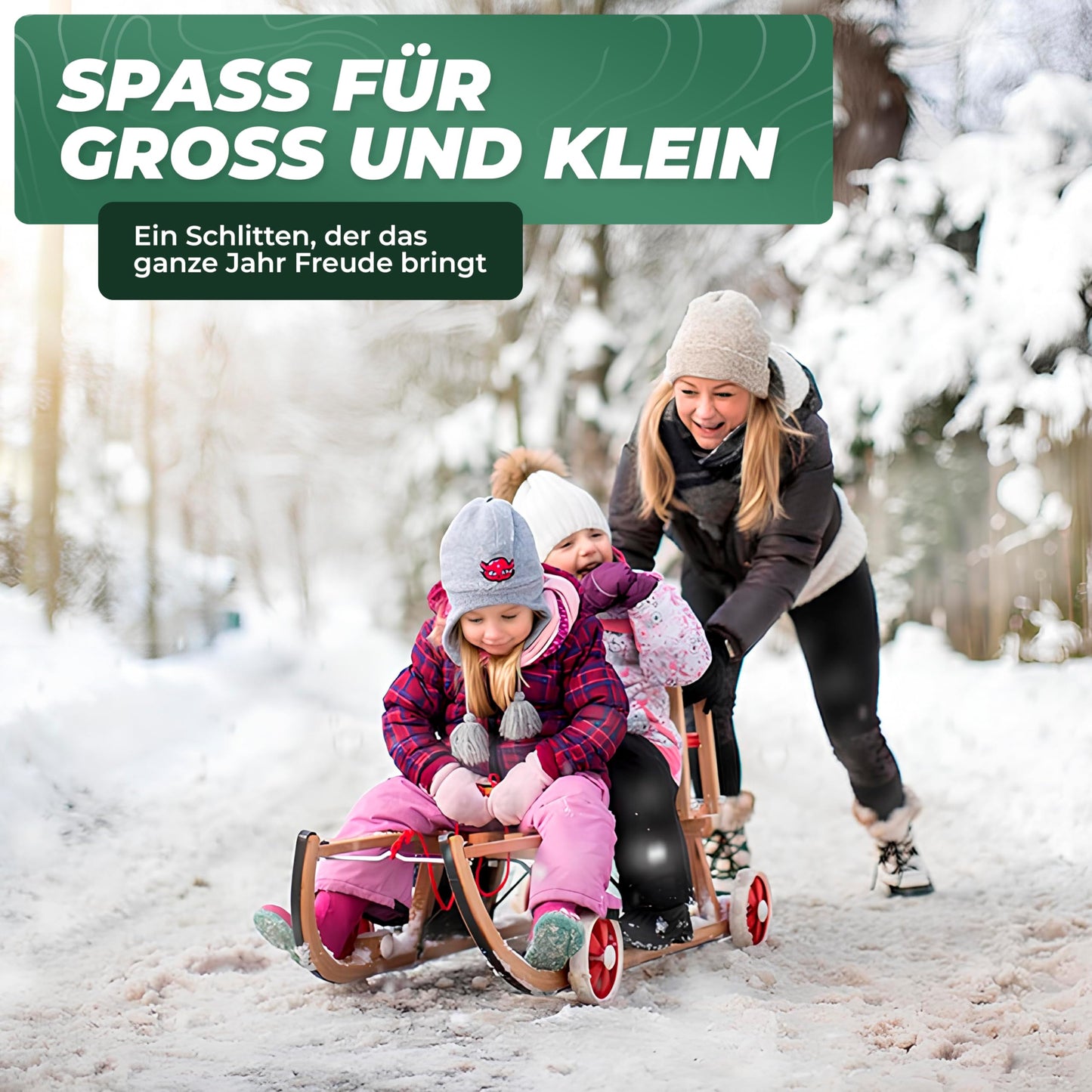 Roll Rodel Original wooden sled with wheels for use on pavement and snow - sled with wheels, red plastic backrest, and pull rope (Davos sled 110cm) - children's vehicle - baby sled