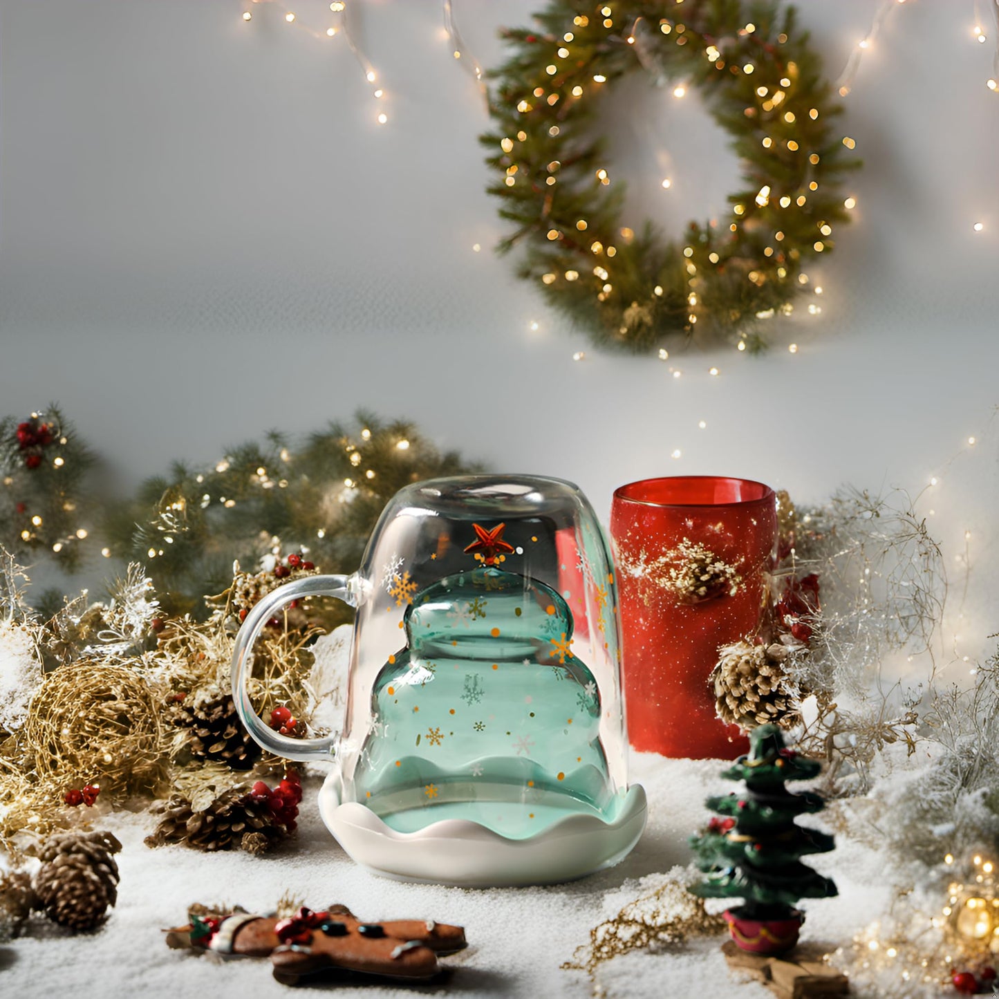 Set of two Sweet Christmas tree double-walled Latte Macchiato glasses 270ml coffee cup Christmas mug with Christmas tree tea strainer tea glasses for milk, iced, Christmas gifts gifts for women and children.