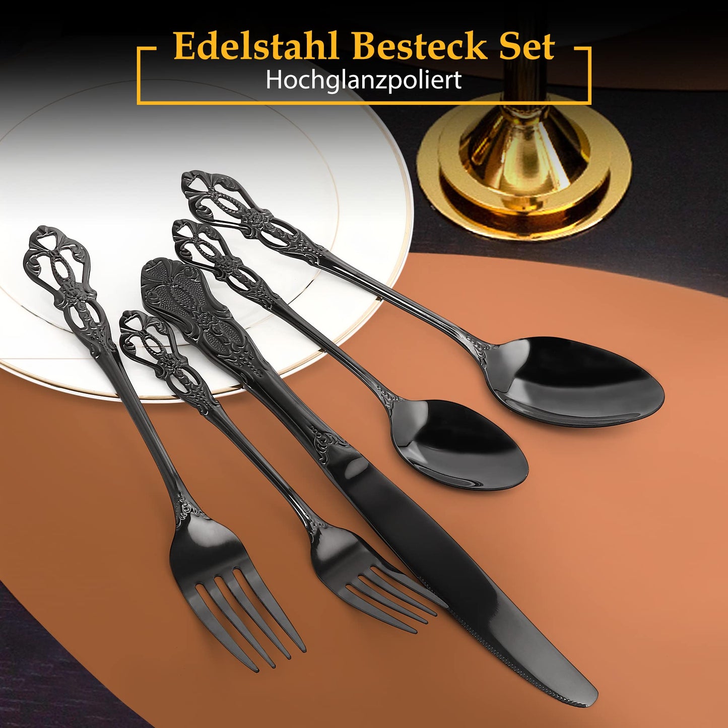 Black Royal 20-piece Cutlery Set, Black Cutlery Set for 4 made of stainless steel, Royal Black Cutlery Knife and Fork Set high-gloss polished dishwasher safe for wedding banquet gift.