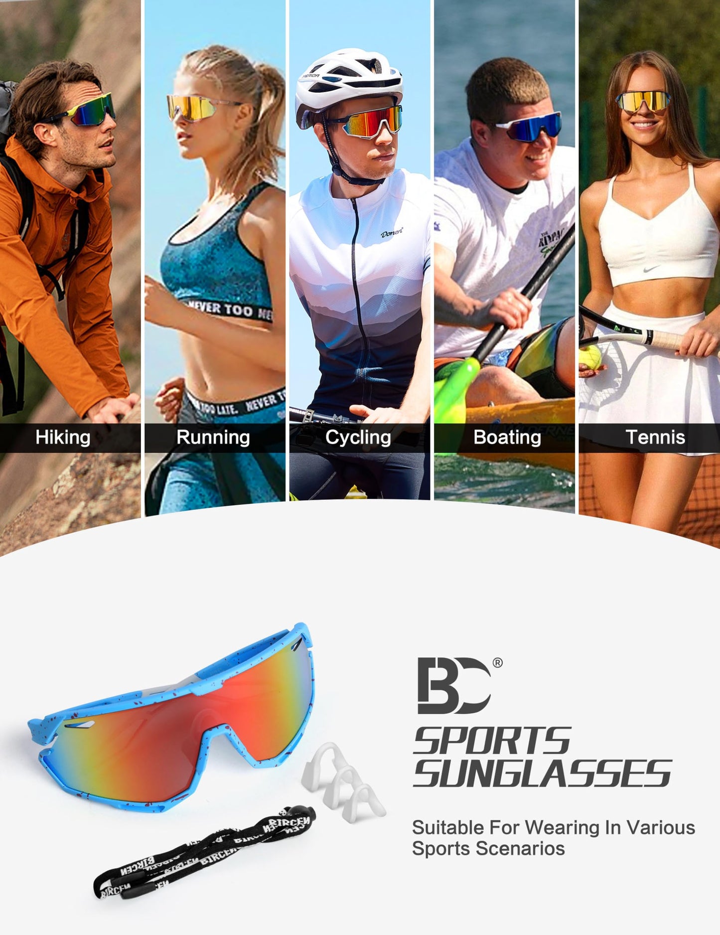 Bircenpro Sport Sunglasses for Men Women - UV Protection Cycling Glasses for Running, MTB, Golf, Road Biking and Cycling