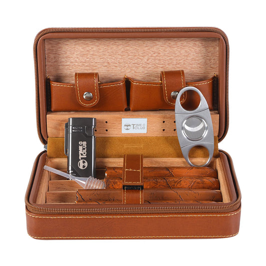M TIME C CLUB Portable Leather Cigar Case with Cutter and Humidor - for 4 cigars - perfect for travel for groomsmen