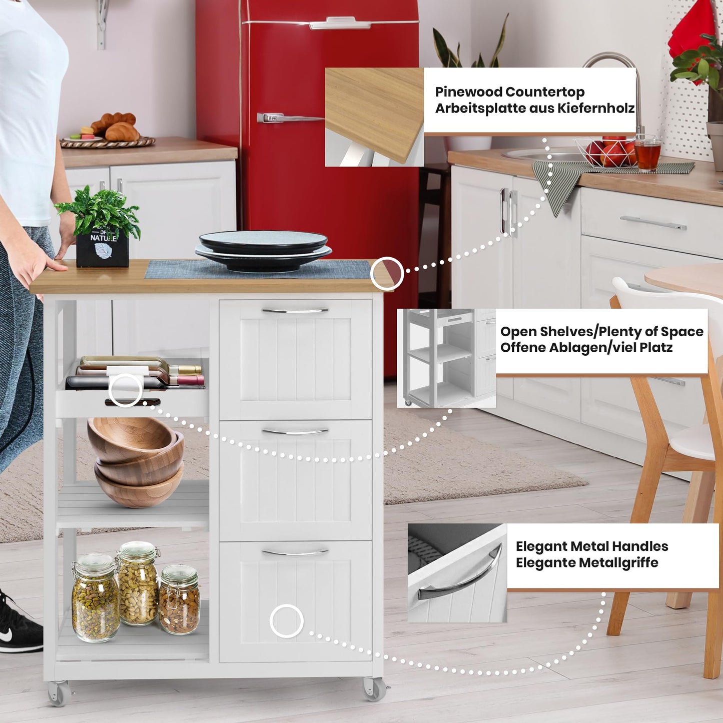 MIADOMODO® Kitchen Trolley on Wheels - 3 Drawers, 3 Levels, Worktop, Wood/MDF, 67x37x87cm, White - Serving Cart, Rolling Cart, Kitchen Trolley, Country Style Kitchen Cabinet, Side Cart, Kitchen Shelf