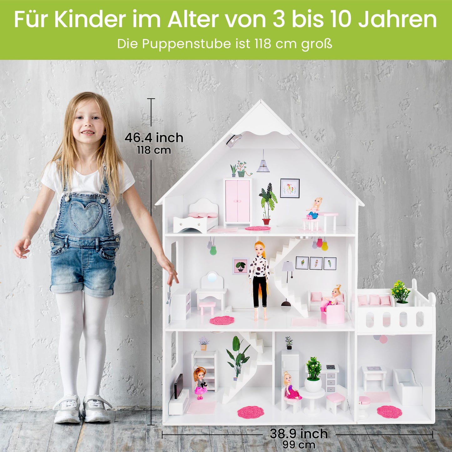 Green Series Wooden Dollhouse XXL - 3 floors with LED light & 57 accessories - For 30 cm fashion dolls (Barbie size) - 118 cm tall, 7 rooms