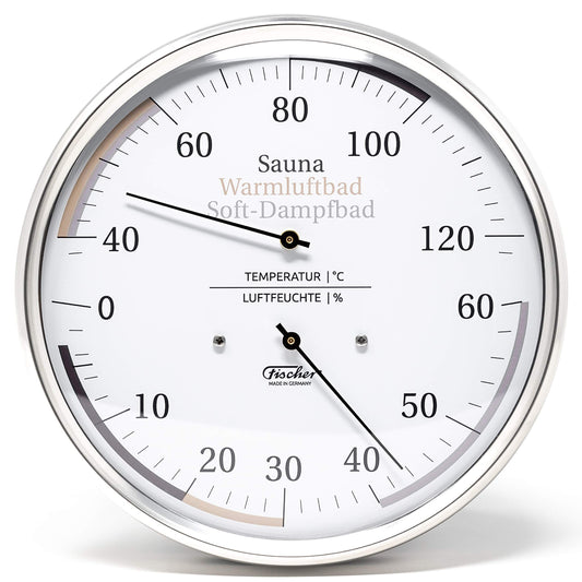 Fischer 185.01 Sauna Universal Thermohygrometer - 160mm Hair Hygrometer and Bimetal Thermometer made of stainless steel. Made in Germany.