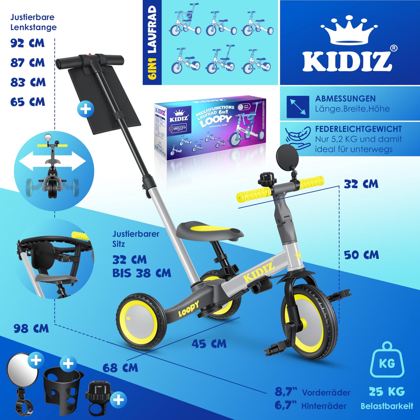 KIDIZ® 6in1 Balance Bike Tricycle | Suitable for children from 1 to 5 years | Supports up to 25kg | Includes handlebar, safety bar, seatbelt, bell, and mirror | Grey color