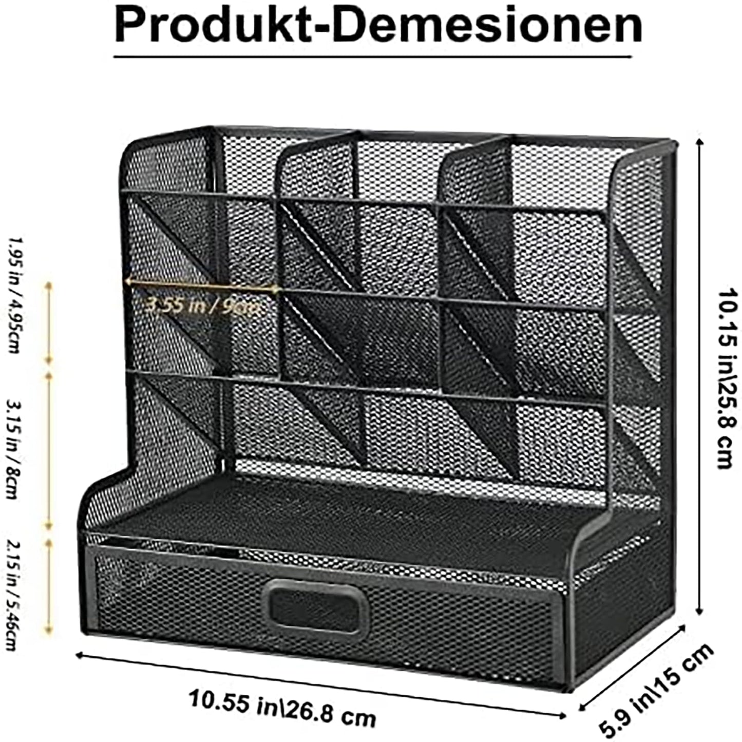 Marbrasse Mesh Desk Organizer, Multifunctional Pen Holder, Desk Organizer, Storage Shelf for School and Home Office Supplies (Black with Drawer)