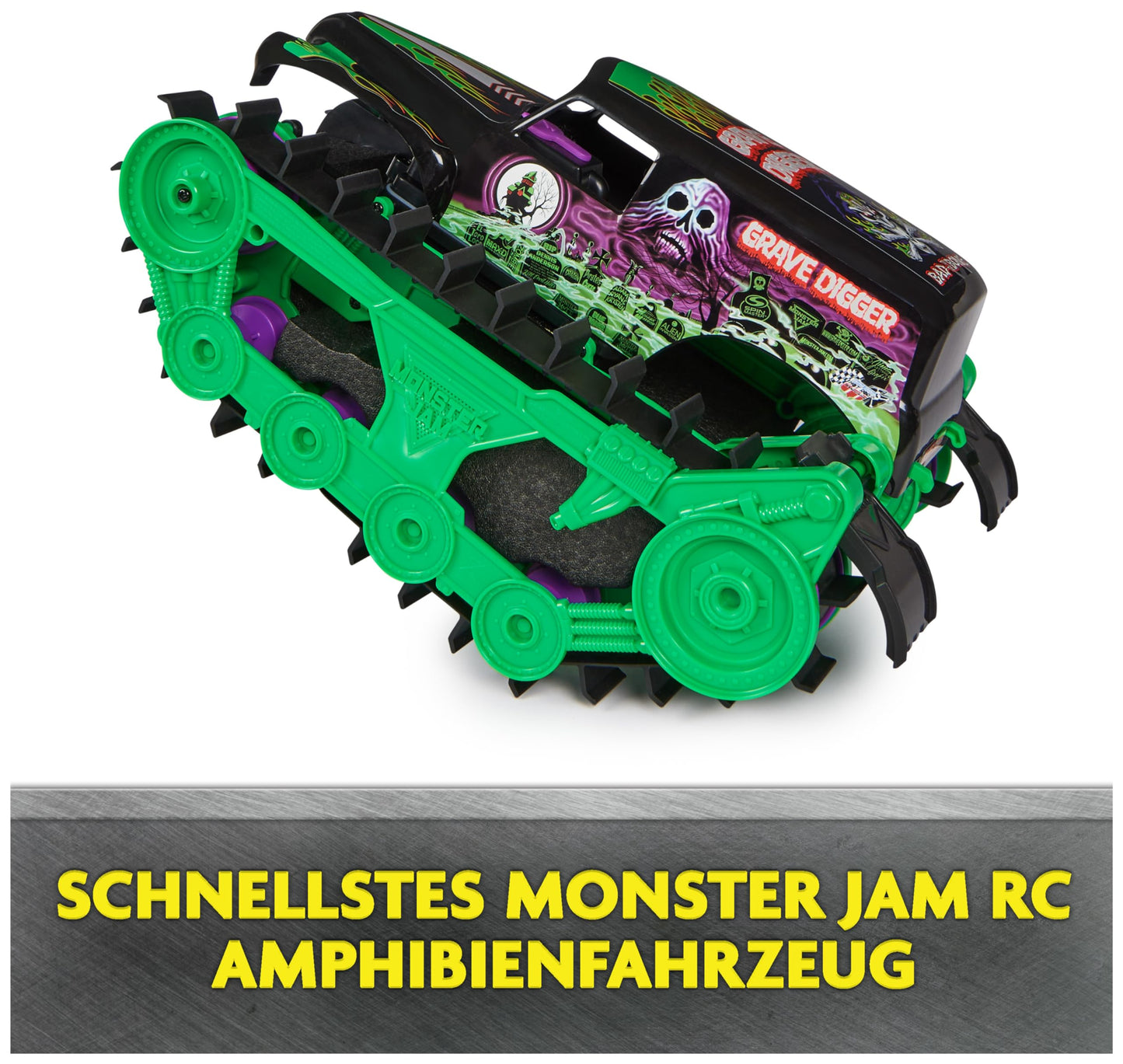 Monster Jam, Grave Digger Trax - RC Monster Truck tank vehicle scale 1:15, All-Terrain capable on land and in water - for boys and girls aged 4 and up
