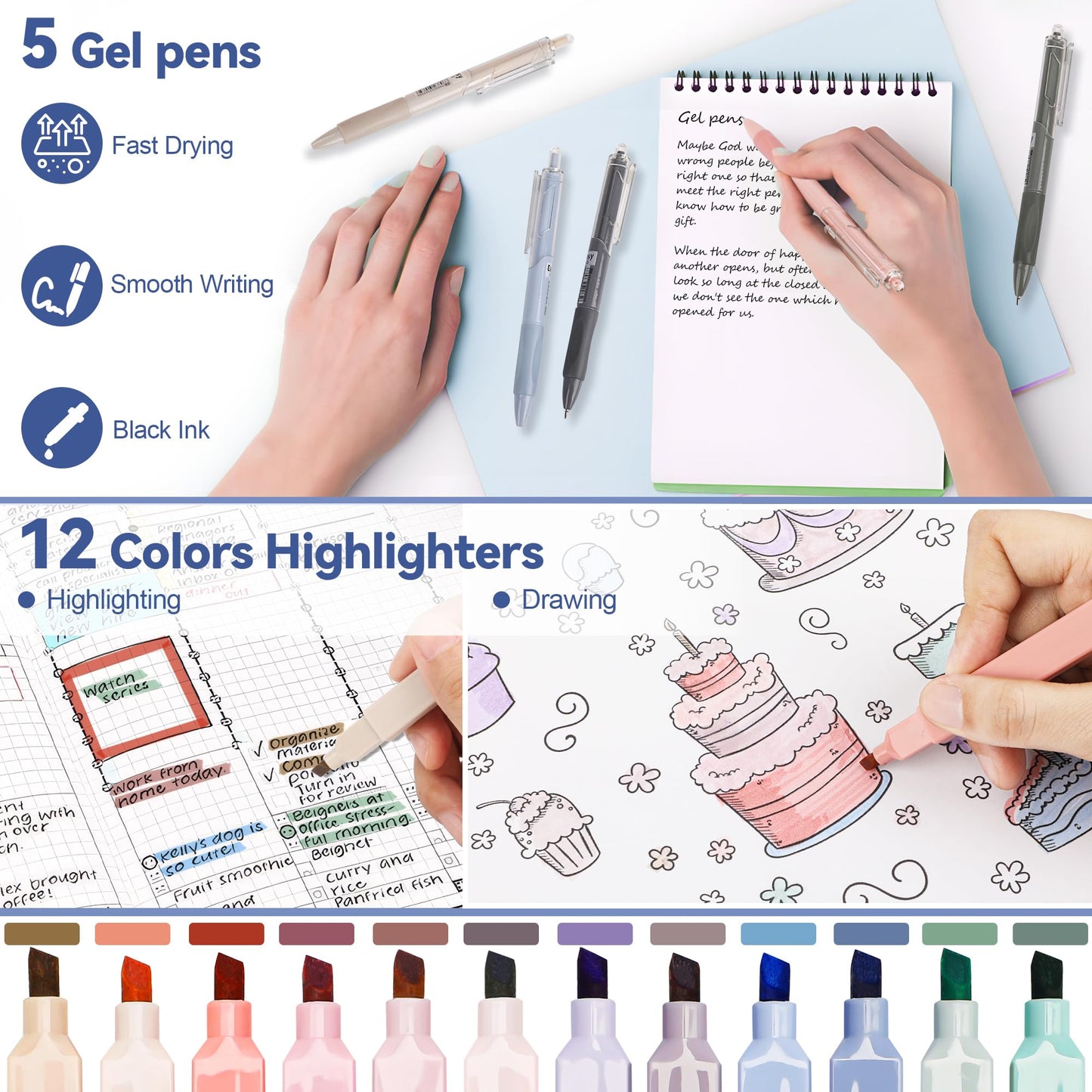 DazSpirit Stationery 61 Piece School Supplies Set with Pencil Case, 12 Pastel Highlighters, 4 Erasable Pens, 5 Gel Pens, 6 Mechanical Pencils, Back To School Stuff, Office Essentials, Writing Set (Blue)