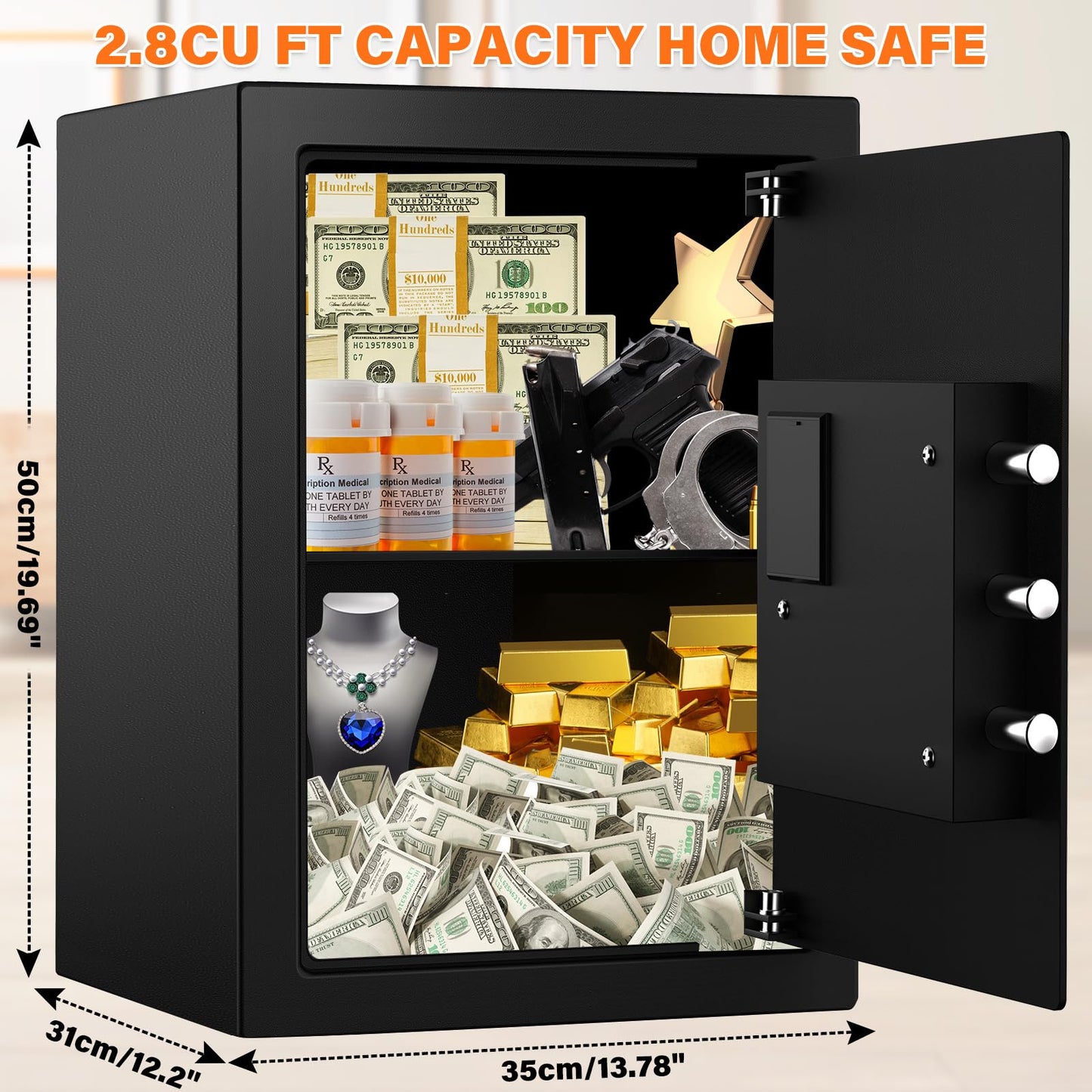 57L Large Touch Screen Safe, Fireproof Waterproof, with Combination Lock and Silent Mode, for Cash Valuables Documents