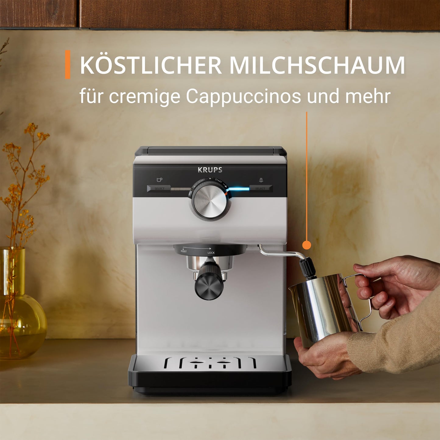 KRUPS Authentic Espresso Machine, 15 bar, intuitive operation, refined design, integrated steam wand, 2L water tank, accessories included, Grey/Cream, XP381B10