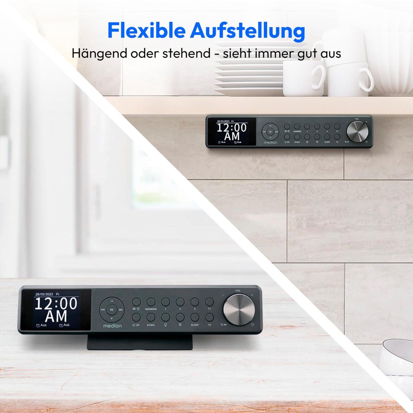 MEDION P66750 Kitchen Under-Cabinet Radio (DAB+ kitchen radio, PLL FM radio, dimmable TFT color display, cooking timer, Bluetooth, LED strip, including mounting material) gray