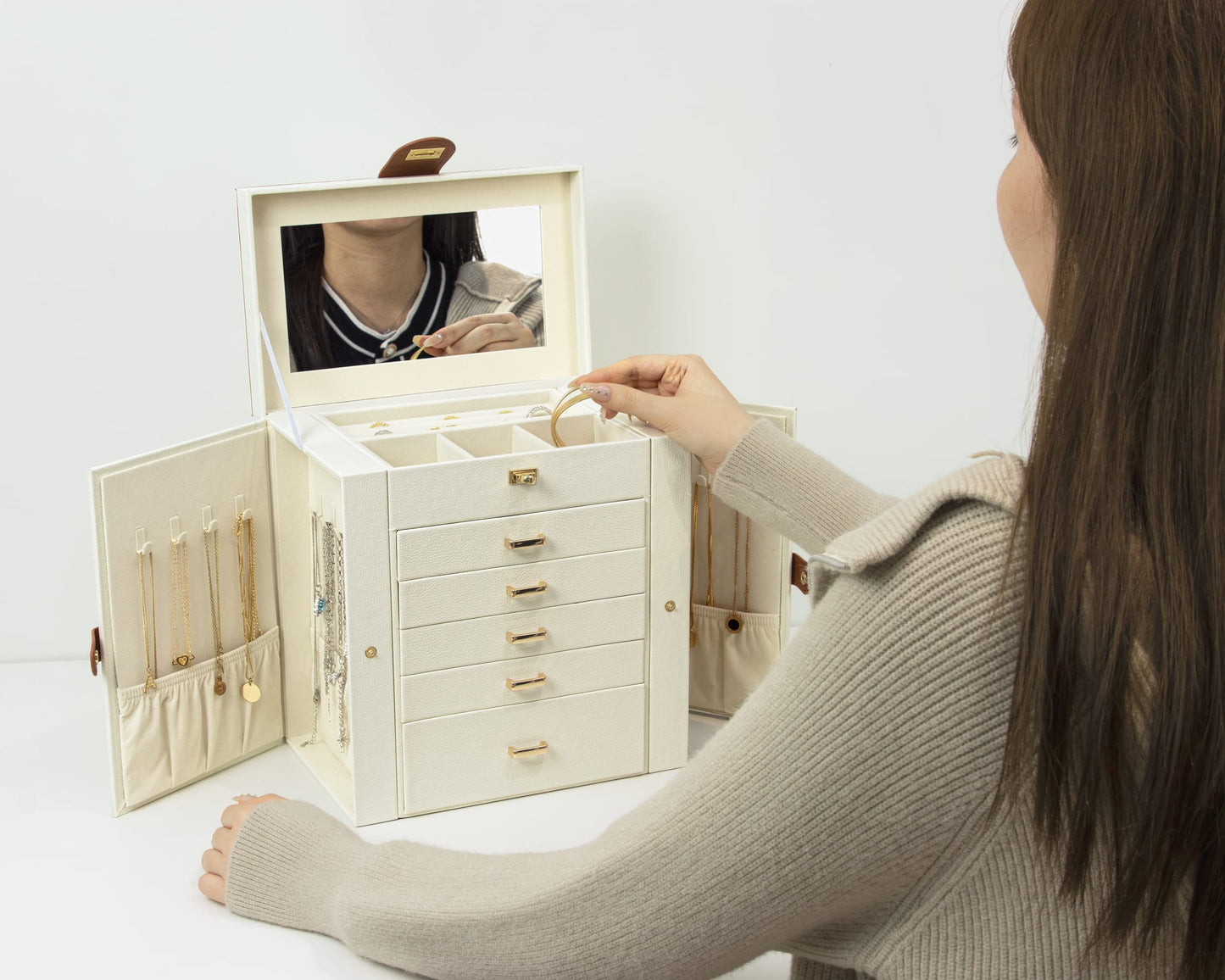 KAMIER 6-tier jewelry box made of fine natural wood with luxurious flannel and large mirror - Spacious jewelry case with side-opening doors for rings, earrings & bracelets, White