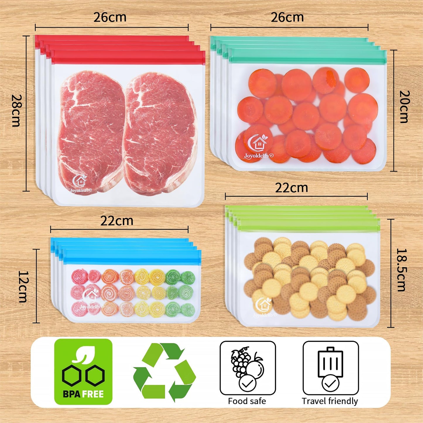 Joyoldelf Food Bag Reusable, Food Storage Bag PEVA Silicone Bag Freezer Bag Reusable, Reusable Food Ziplock Bag, Zip Bag Reusable, 20 Pieces