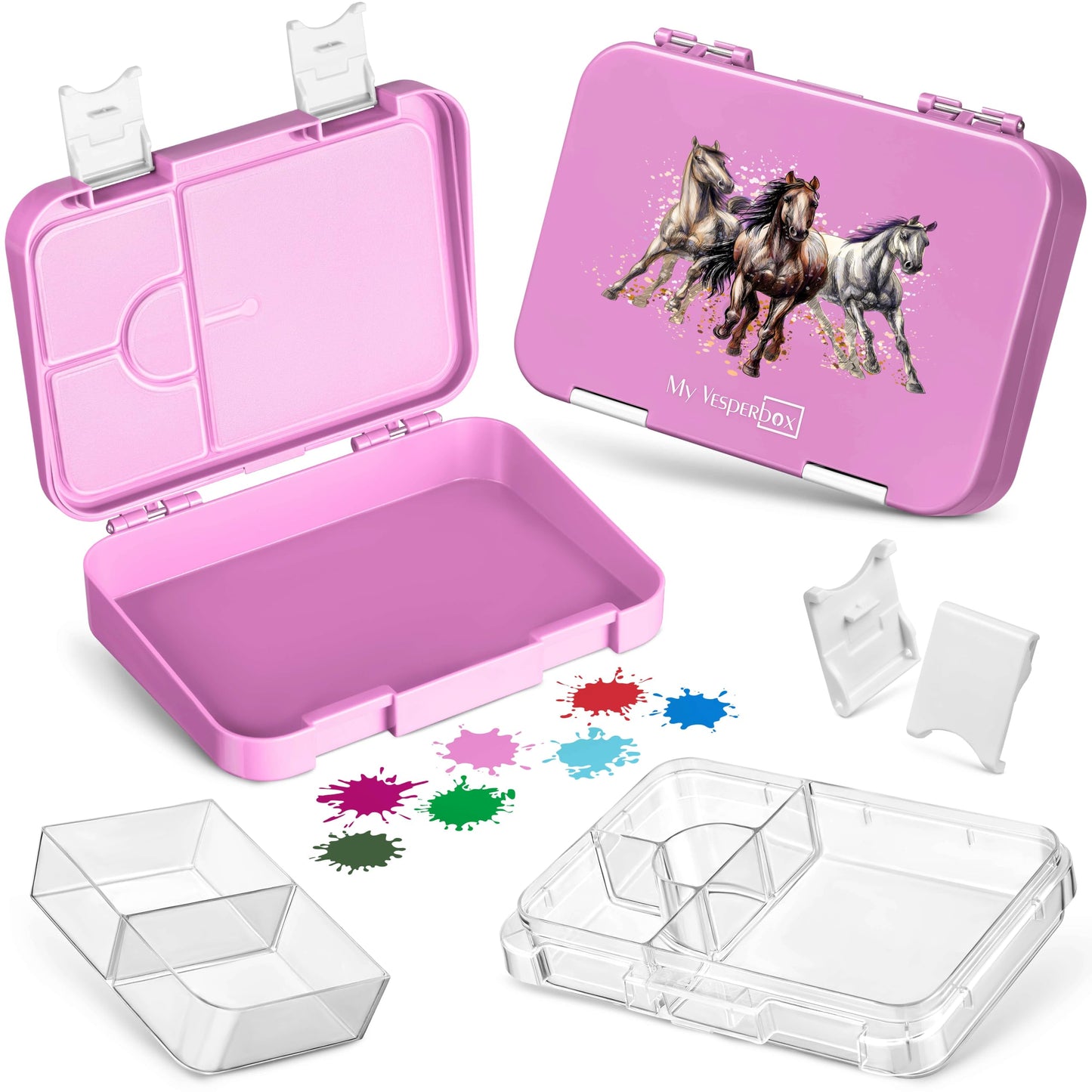 My Vesperbox - Len - Bento Box Children - Lunchbox with 4+2 compartments - extremely durable - lunch box - ideal for kindergarten and school. (Pink - Horses)