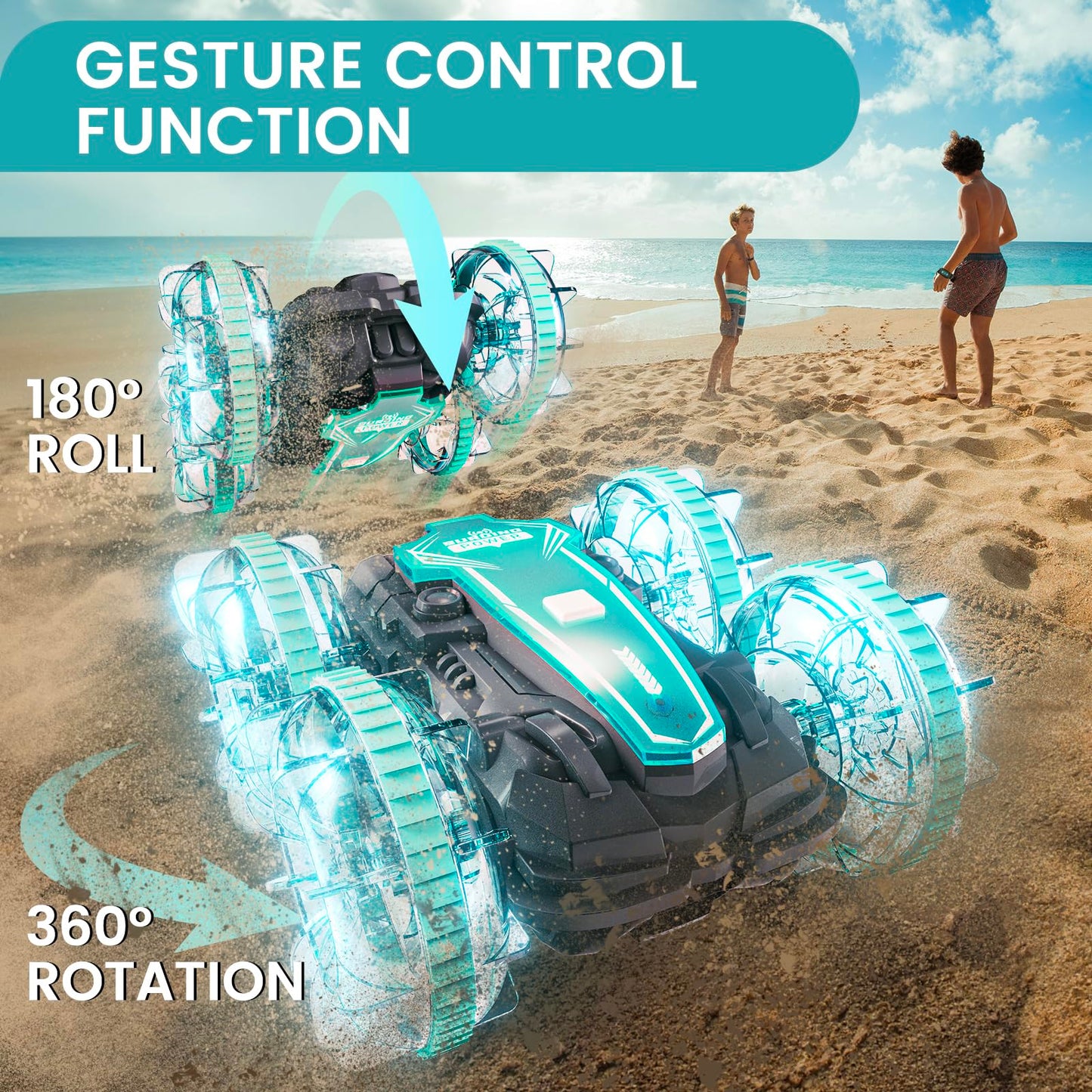 Tecnock Amphibious Remote Control Car, 4WD 360° Rotating Gesture Sensor Stunt RC Car with Lights, Remote Control Boat with Waterproof Remote, Gifts Toys for Ages 3-8+ (with clock)