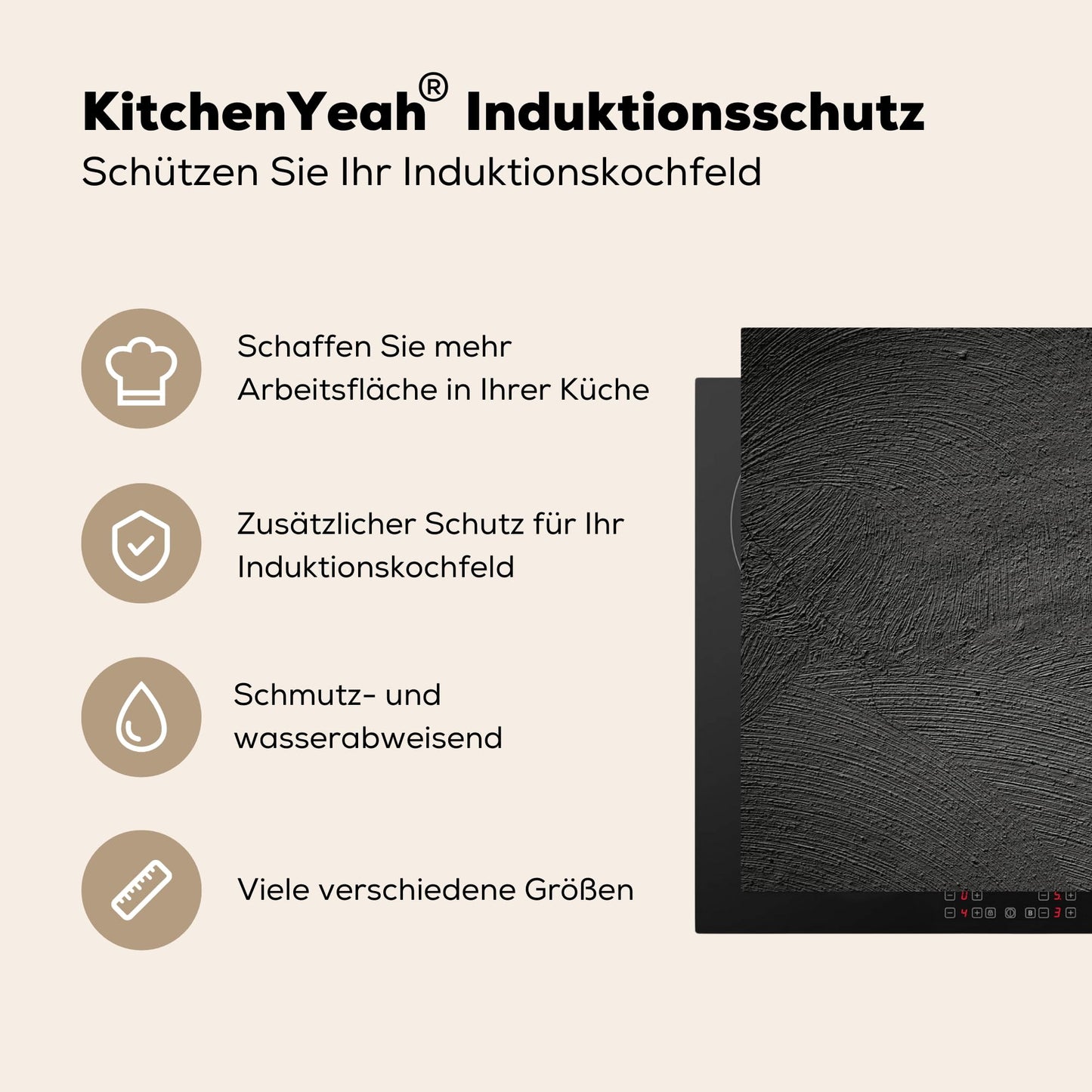 KitchenYeah© stove cover One-piece kitchen stove cover Induction hob ceramic hob stove covers Vinyl mat Rollable Concrete - Black - Gray - Solid - Industrial - 80x52 cm