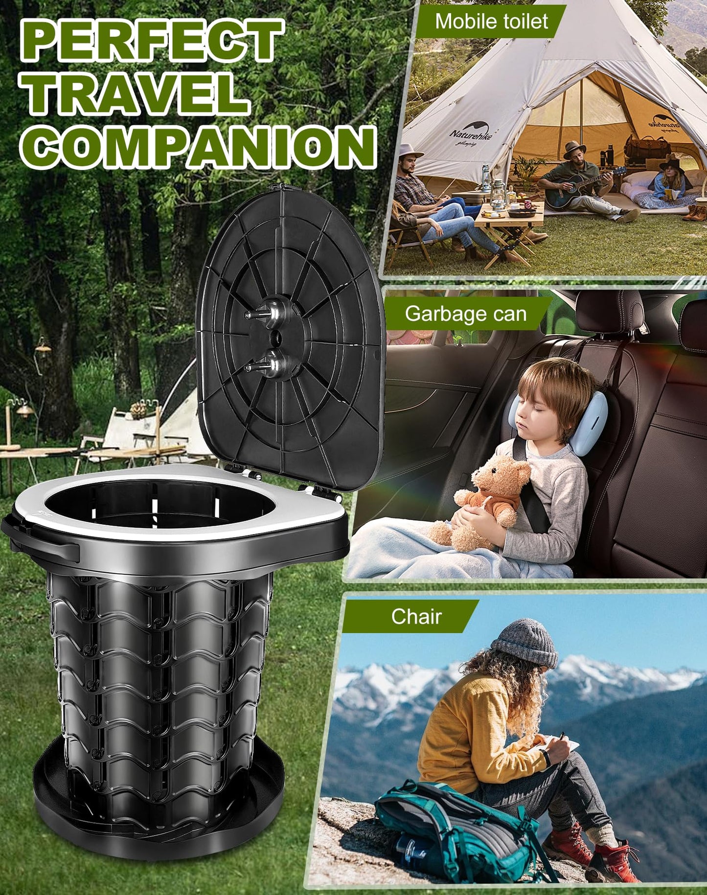 Folding camping toilet with toilet bag, portable toilet with lid, 34cm height, stable, max 400 lbs weight capacity, for outdoor camping, grilling, travel, fishing, beach, self-driving.