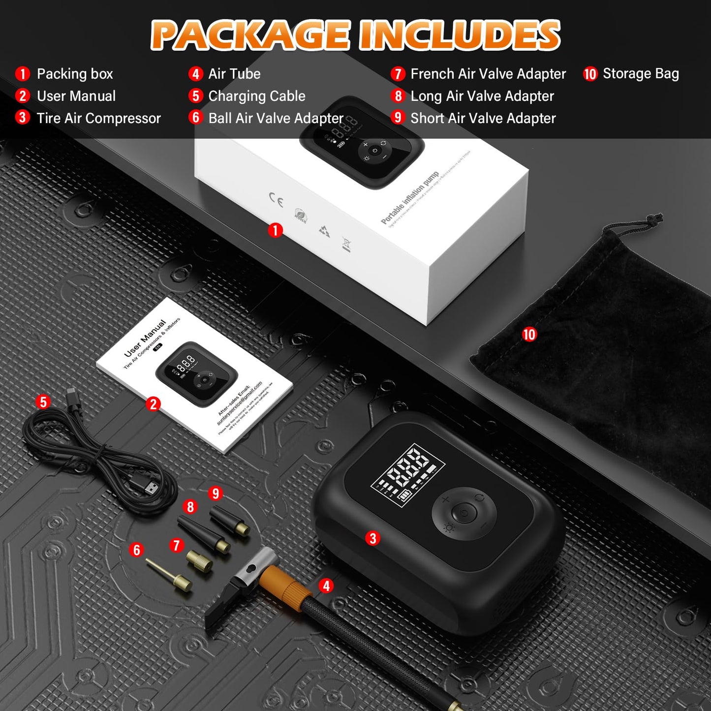 Electric bike pump 6000mAh, mini compressor for tires 10.3 bar, cordless portable battery air pump with auto stop, 150 PSI battery air pump for car, bicycle, motorcycle, balls.