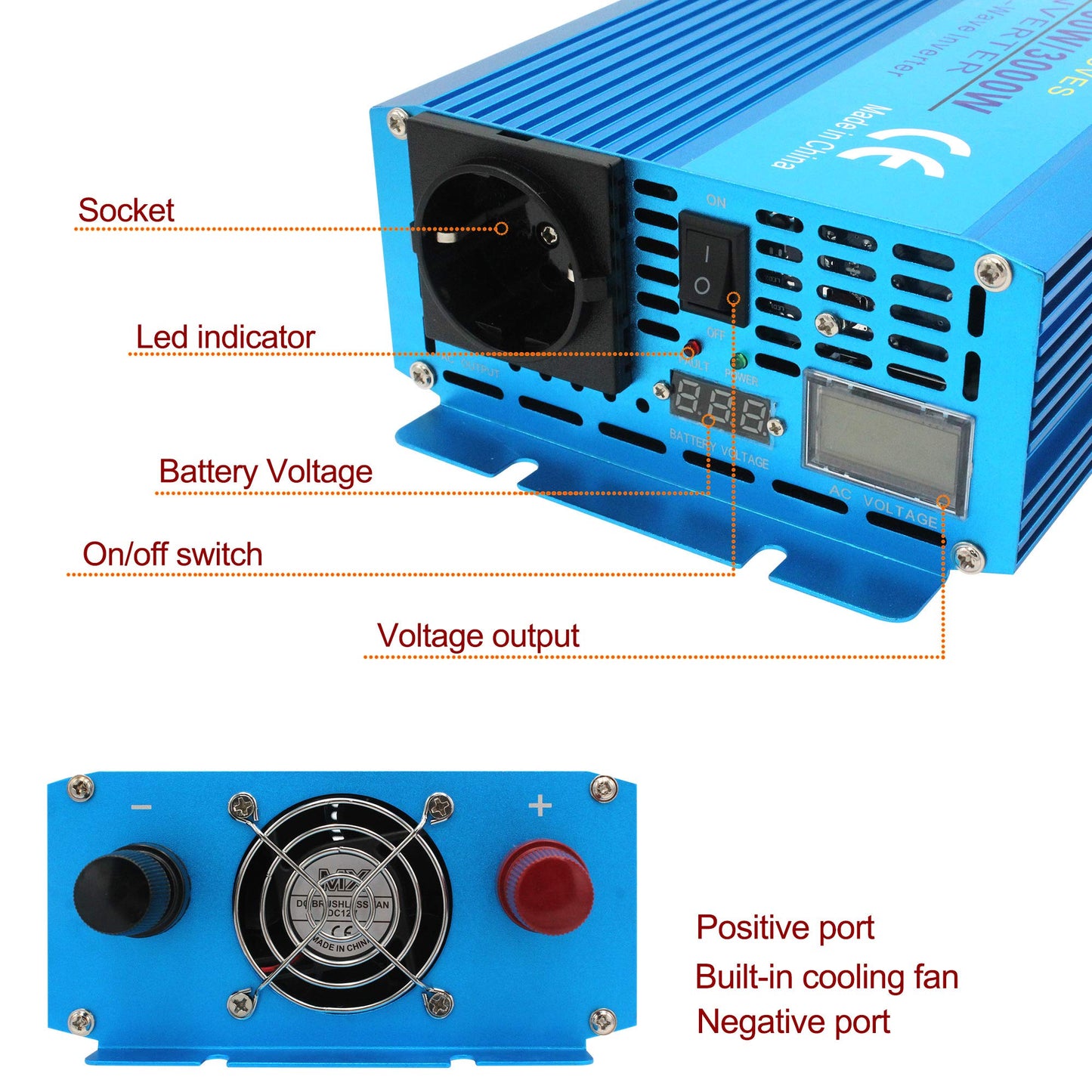 Cantonape 12V 230V inverter 1500W/3000W pure sine wave with remote control, EU socket, LED+LCD display, for car, caravan, boat, camping, travel.