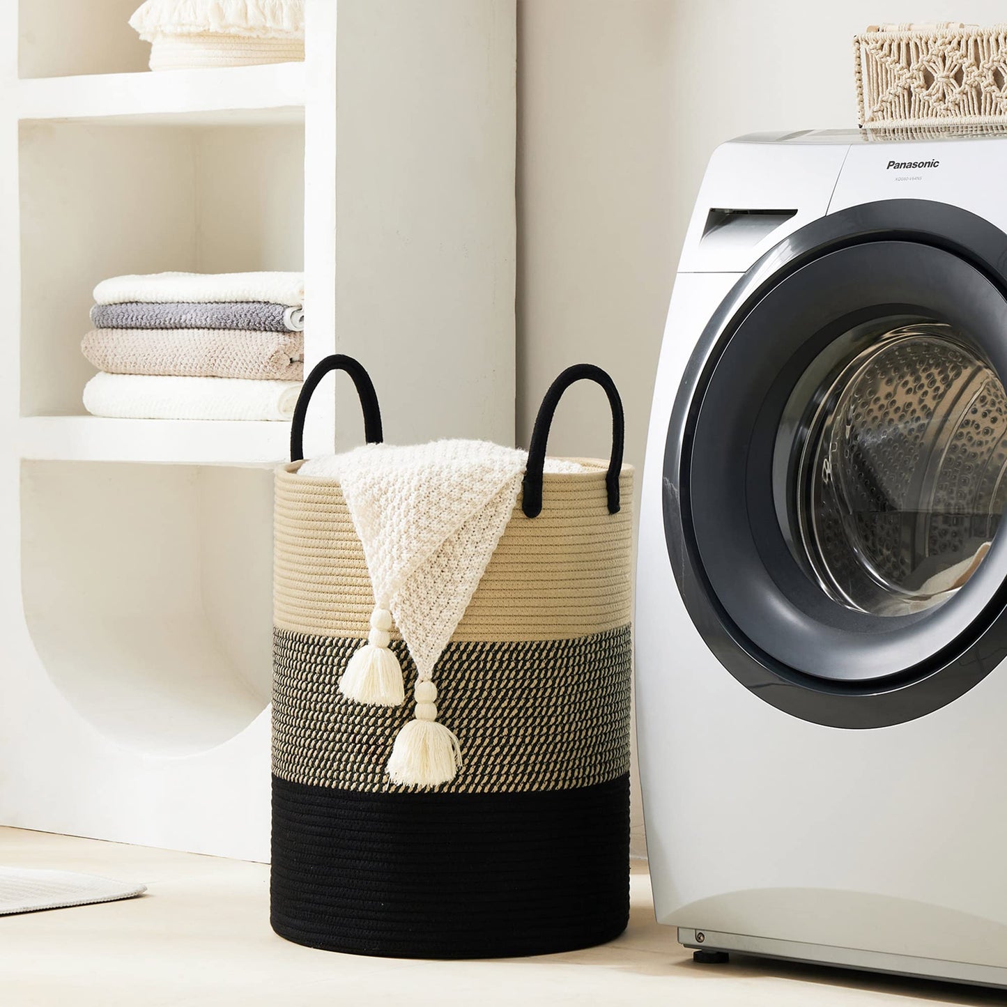 YOUDENOVA Woven Laundry Basket Toy Storage Basket with Handle Handmade from Cotton Z-Brown Black