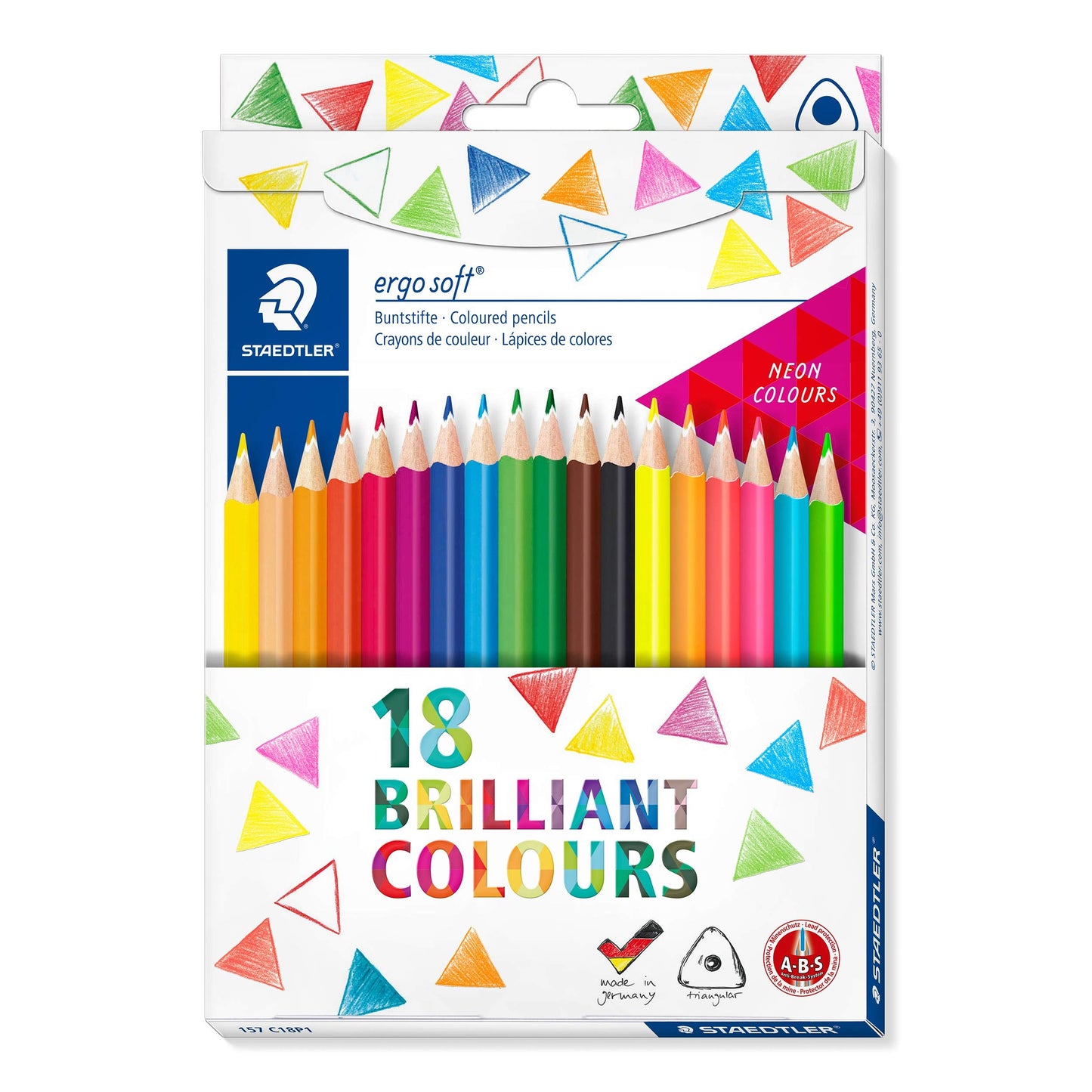 STAEDTLER ergosoft colored pencils (increased break resistance, ergonomic triangular shape, non-slip soft surface, set of 18 brilliant colors, neon colors, cardboard case, 157 C18P1 ST)