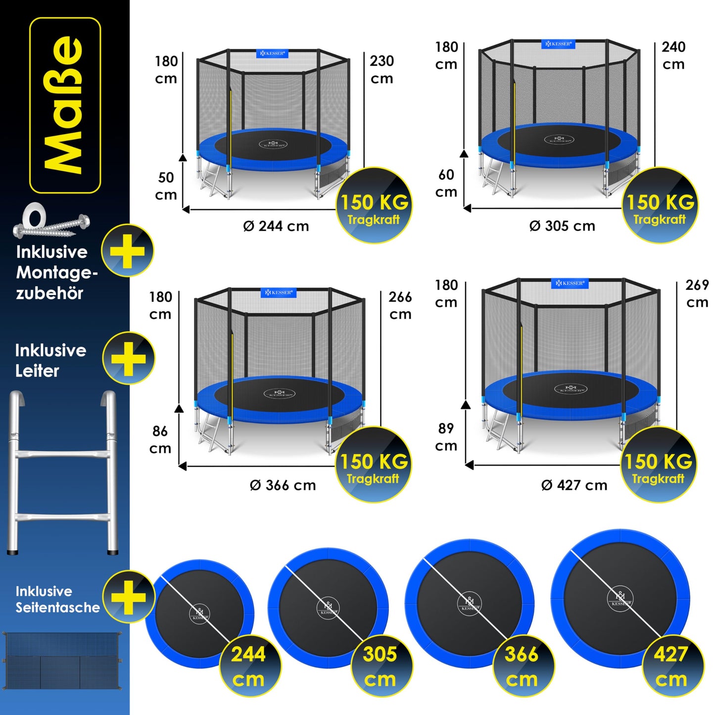 KESSER® Trampoline Outdoor Ø 244/305/366/427 cm Complete set with safety net, ladder, edge cover & side pocket and assembly accessories | Children's trampoline Garden trampoline Capacity 150 kg