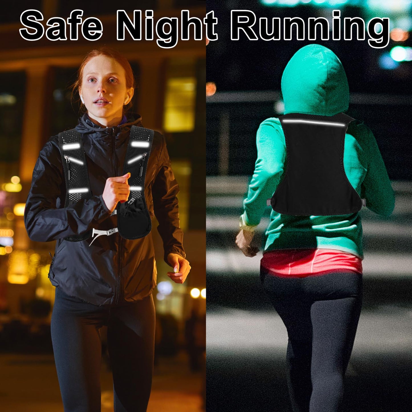 Running vest for women and men. Reflective hydration pack with 2 x 500 ML, adjustable chest straps, soft water bottles, front and back zipper backpack for cycling, hiking, running, outdoor activities.