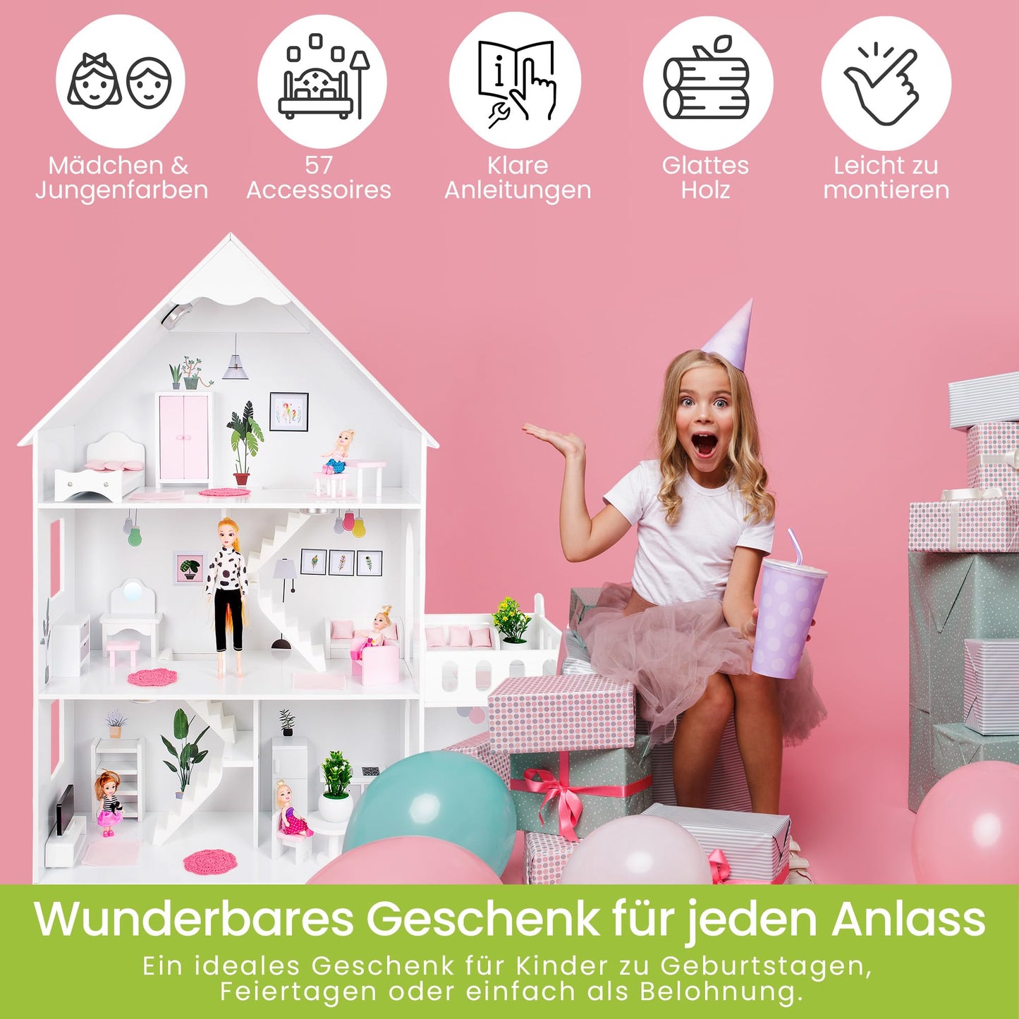 Green Series Wooden Dollhouse XXL - 3 floors with LED light & 57 accessories - For 30 cm fashion dolls (Barbie size) - 118 cm tall, 7 rooms