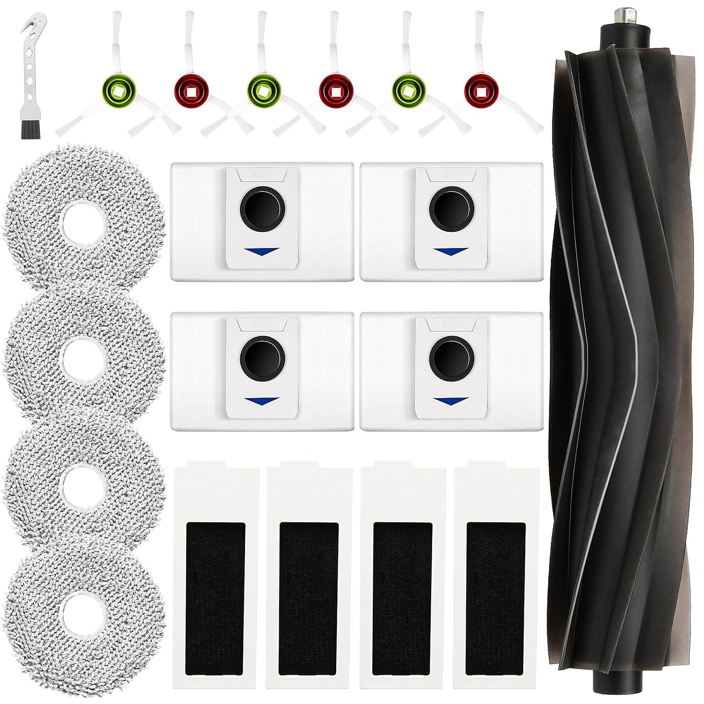 20 pieces of accessories for Ecovacs Deebot T20 Omni/T20e Omni robot vacuum, including 1 rubber main brush, 4 dust bags, 4 mopping cloths, 4 filters, 6 side brushes, and 1 cleaning brush.