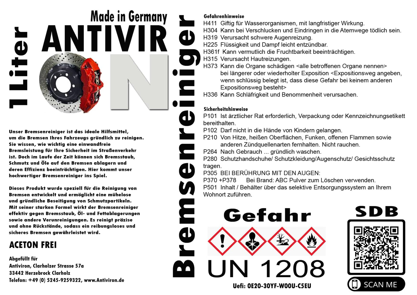 ANTIVIR ON Brake Cleaner Degreaser Cleaner Assembly Cleaner Parts Cleaner 1-25 Liters (10 Liters)