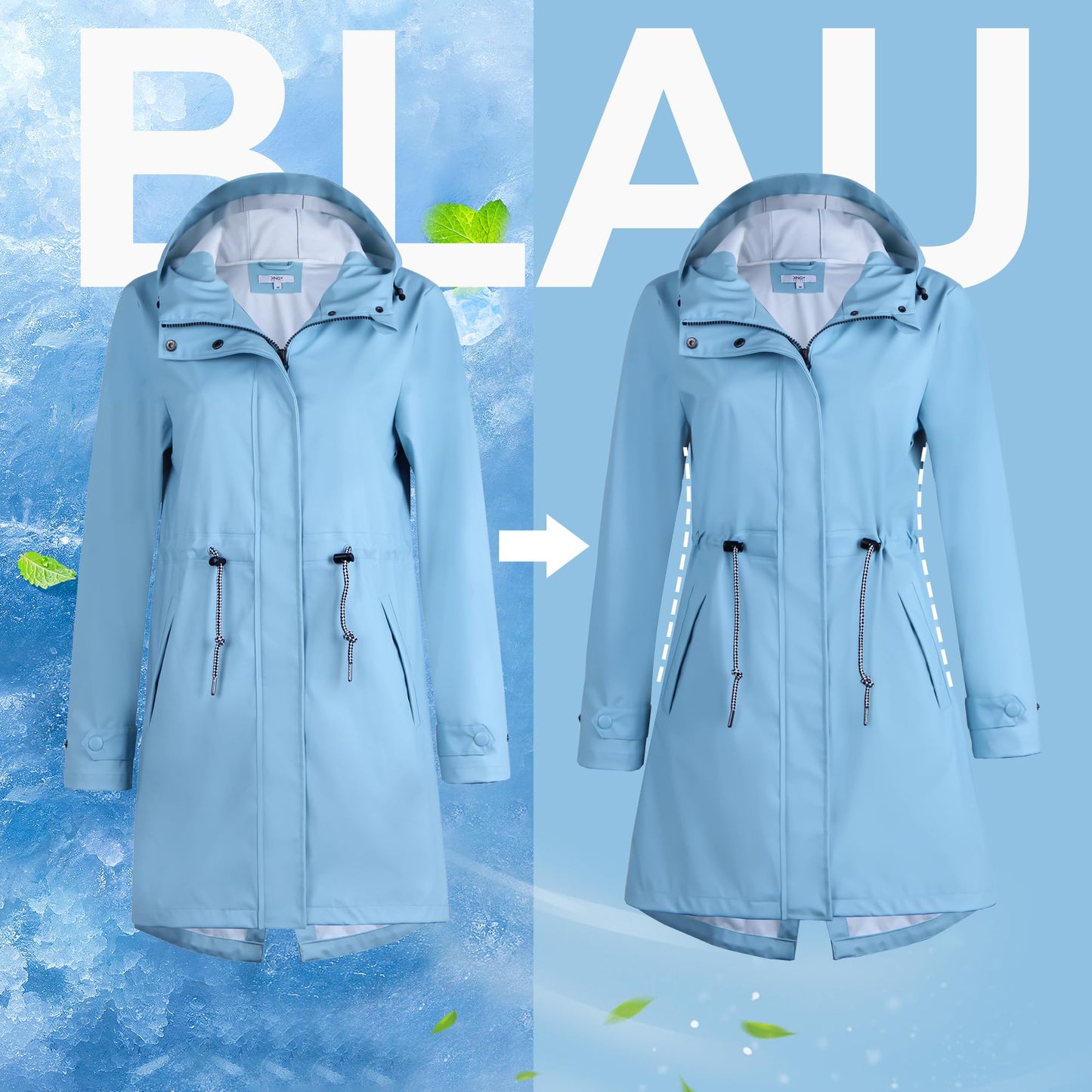 Women's waterproof raincoat, breathable rain jacket, long windbreaker, lightweight transitional jacket, Friesian summer coat, blue, size 38.