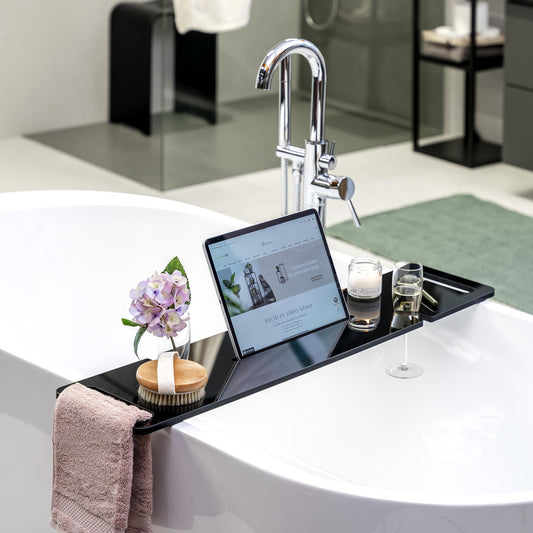 eluno acrylic bathtub caddy with drink holder and tablet slot, approximately 90 cm (black/high gloss)
