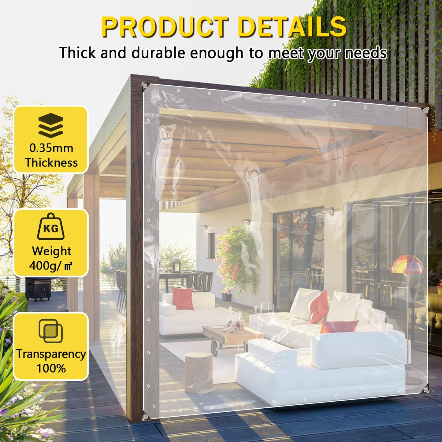 Transparent tarpaulin with eyelets 420g/m² 3x3m, tarpaulin tent tarpaulin waterproof with rope and cable ties, PVC material weatherproof tarpaulin for rain protection for plants greenhouse patio furniture.