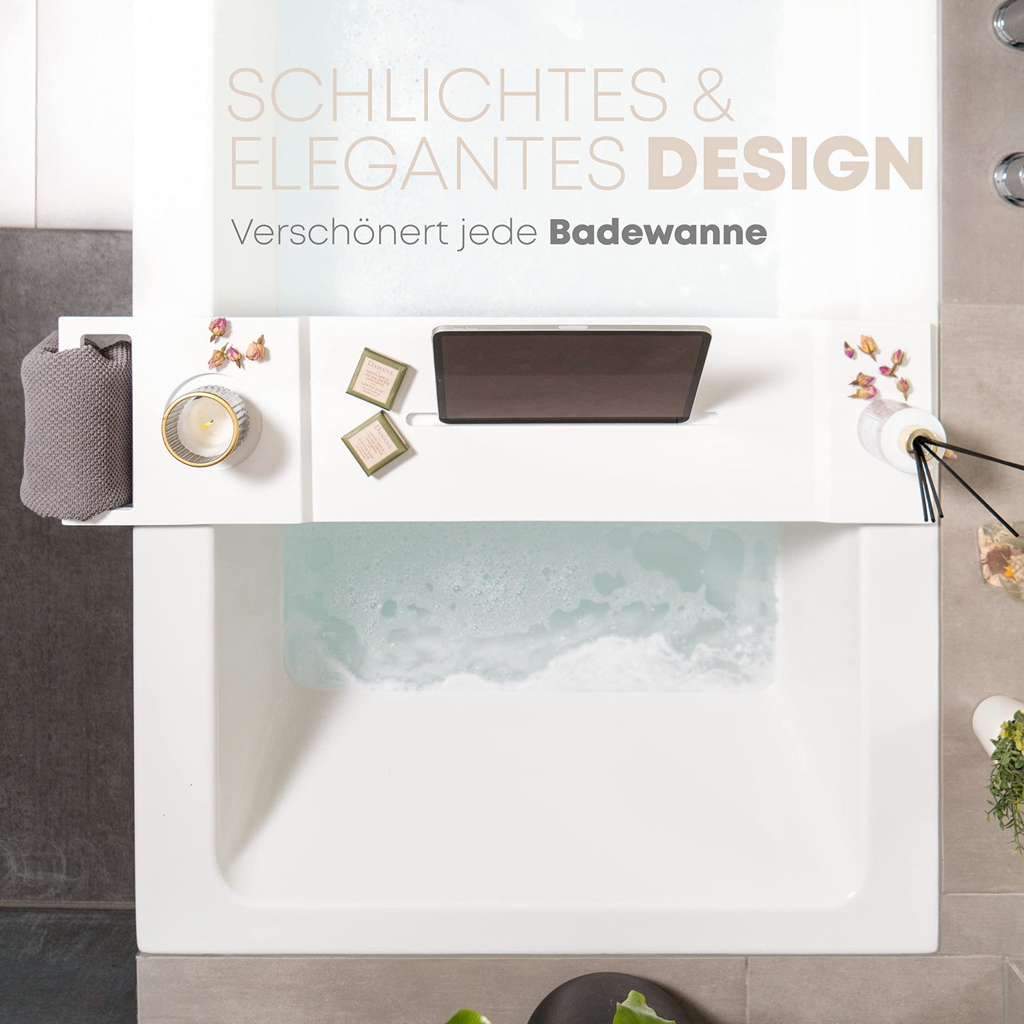 Pampeliška Premium bathtub tray in white with bamboo towel holder. Includes e-book/smartphone/tablet holder, wine glass holder, and candle holder. A luxurious addition to your bath time.