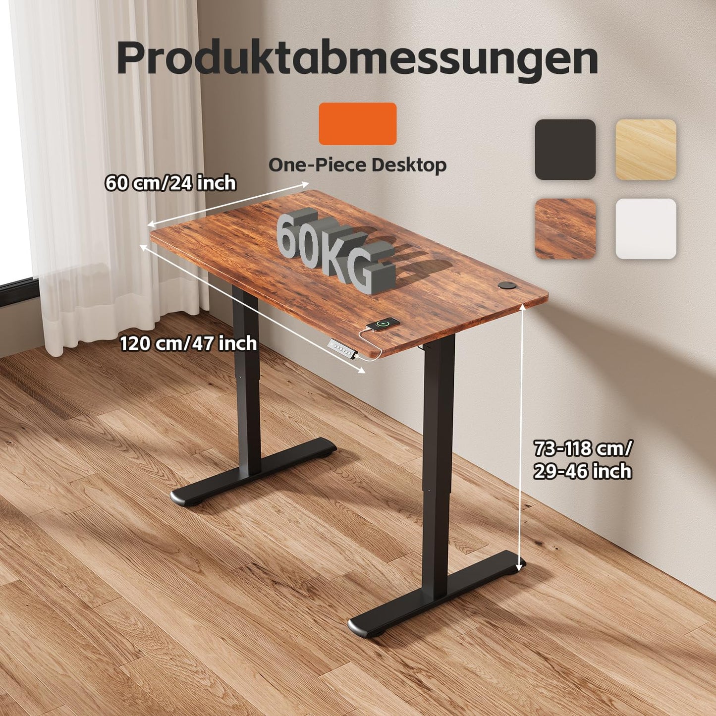 JUMMICO Adjustable Standing Desk COMPLETE TABLETOP Electric Height Adjustable Desk with Memory Function Standing-Sitting Table Computer Desk 120 x 60 cm Brown