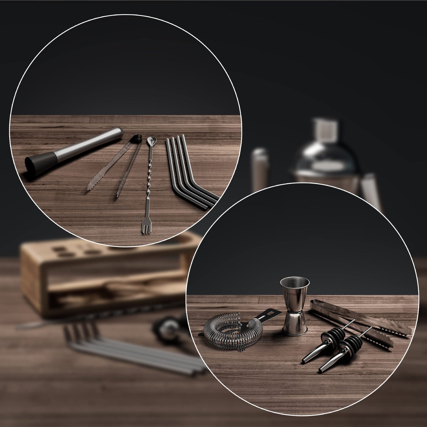 Cocktail shaker set with stand & recipe book: Premium stainless steel bar cocktail set cocktail shaker jigger straws bar spoon muddler | Bartender bar set cocktail accessories gift women men