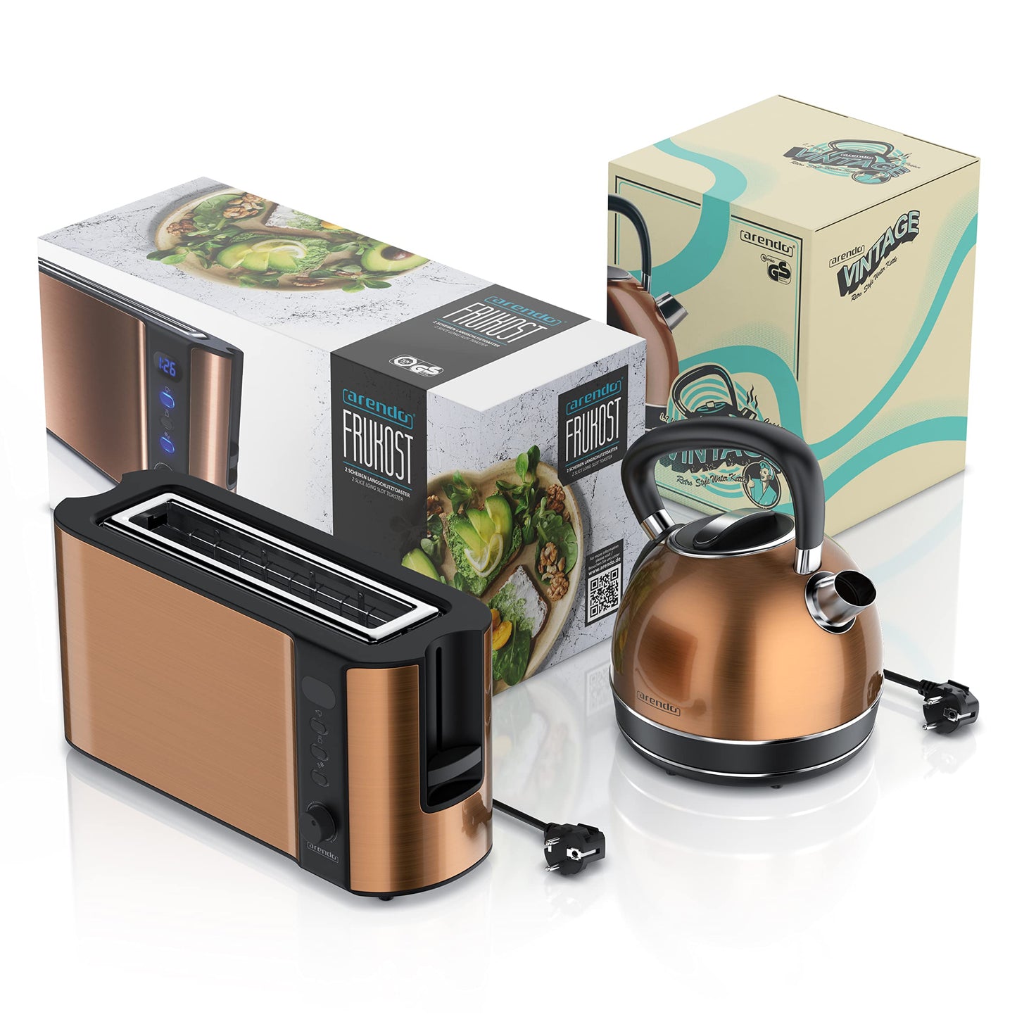 Arendo - Copper-look kettle with toaster SET - Electric kettle max 2200W, limescale filter, 1.7 liters, 2-slice long slot toaster with bun attachment, breakfast set