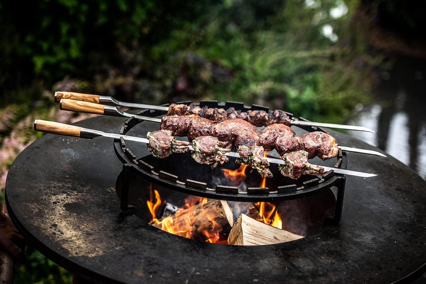 Forged Churrasco BBQ Skewers 60cm, Olive Wood Handle, Stainless Steel, V-Shaped