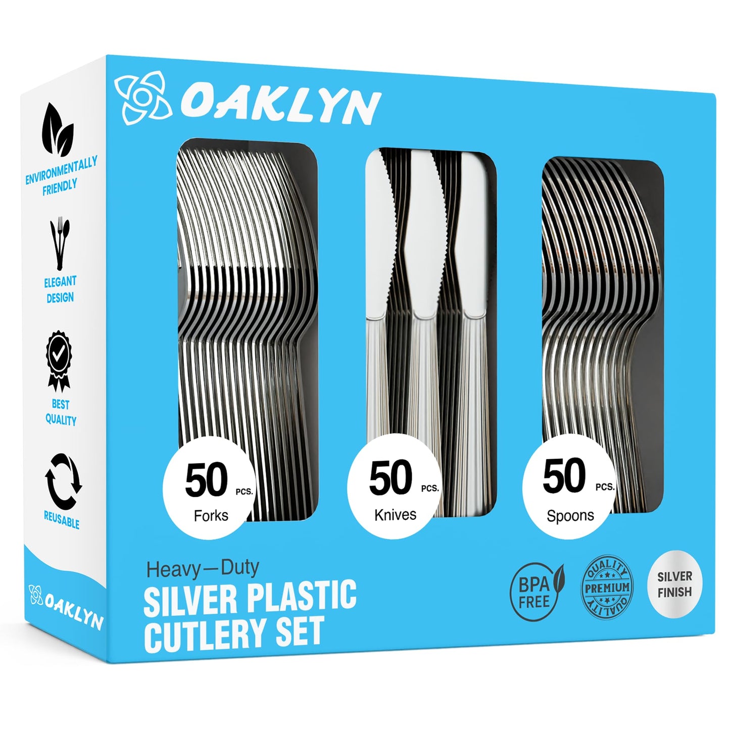 Durable plastic cutlery set - 50 forks, 50 spoons, 50 knives - kitchen utensil set - reusable stylish kitchen utensil set.