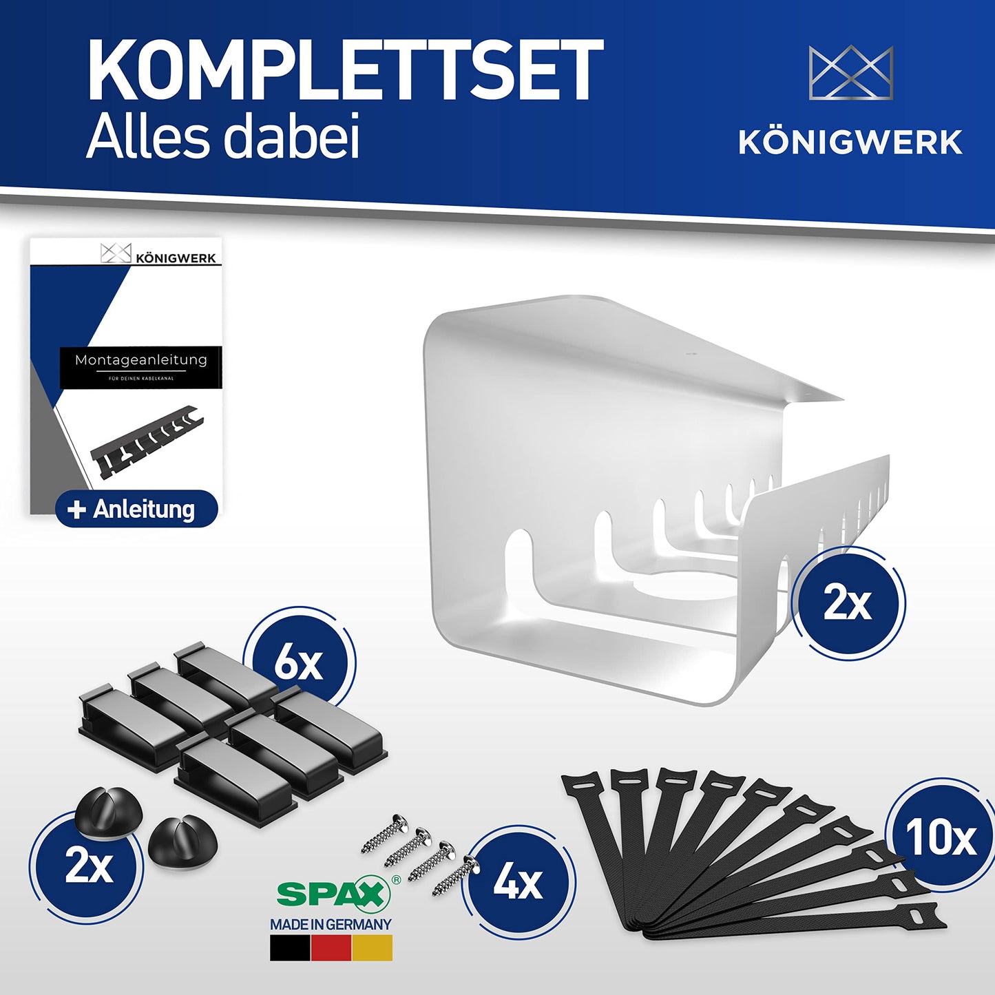 Kingwork cable channel desk for cable management - Includes accessories - Table cable management through cable duct - Cable organizer desk, White