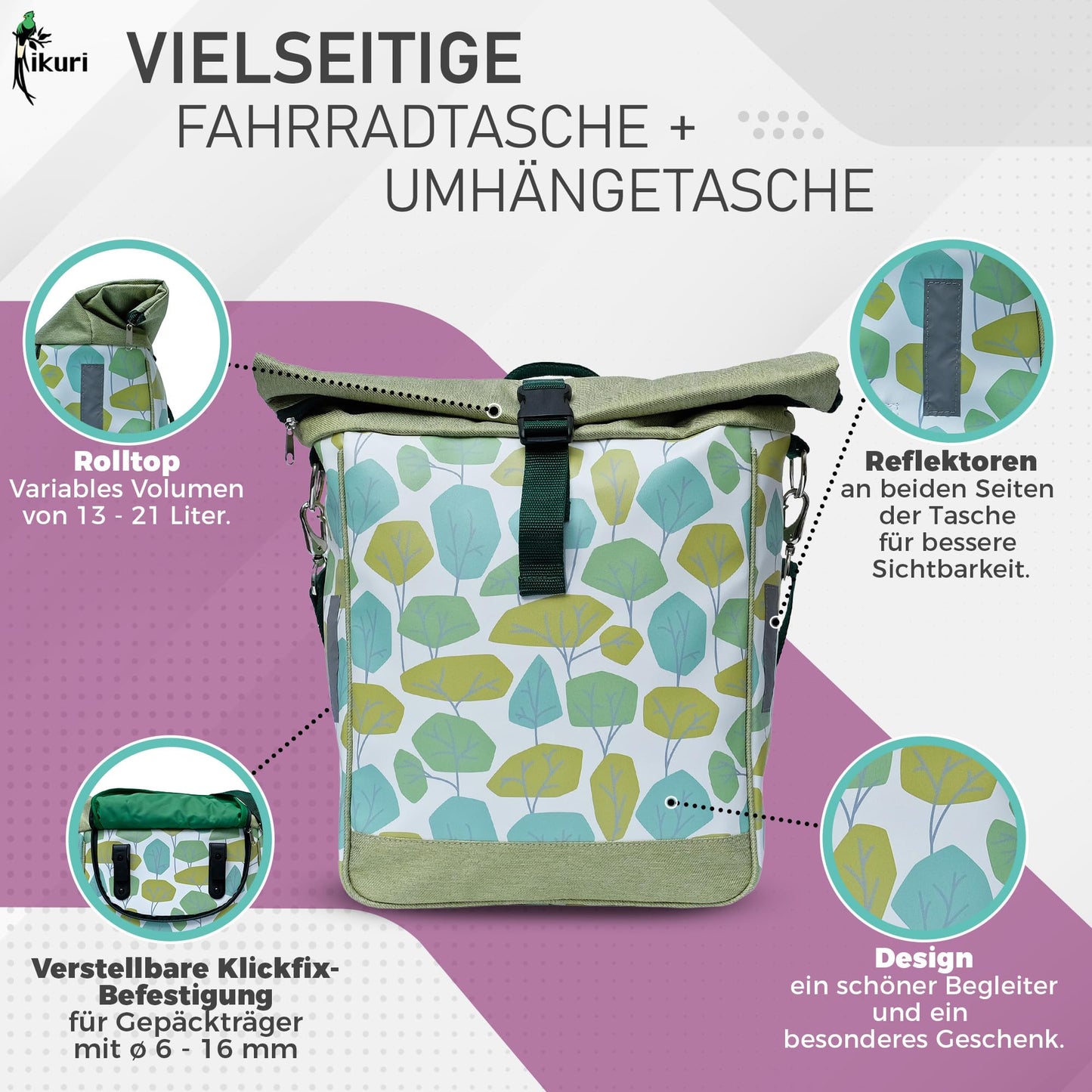 Ikuri single-sided bicycle bag for luggage rack saddle bag single bag pack bag, detachable, with shoulder strap for crossbody, made of tarpaulin, women's, waterproof - Bosque model