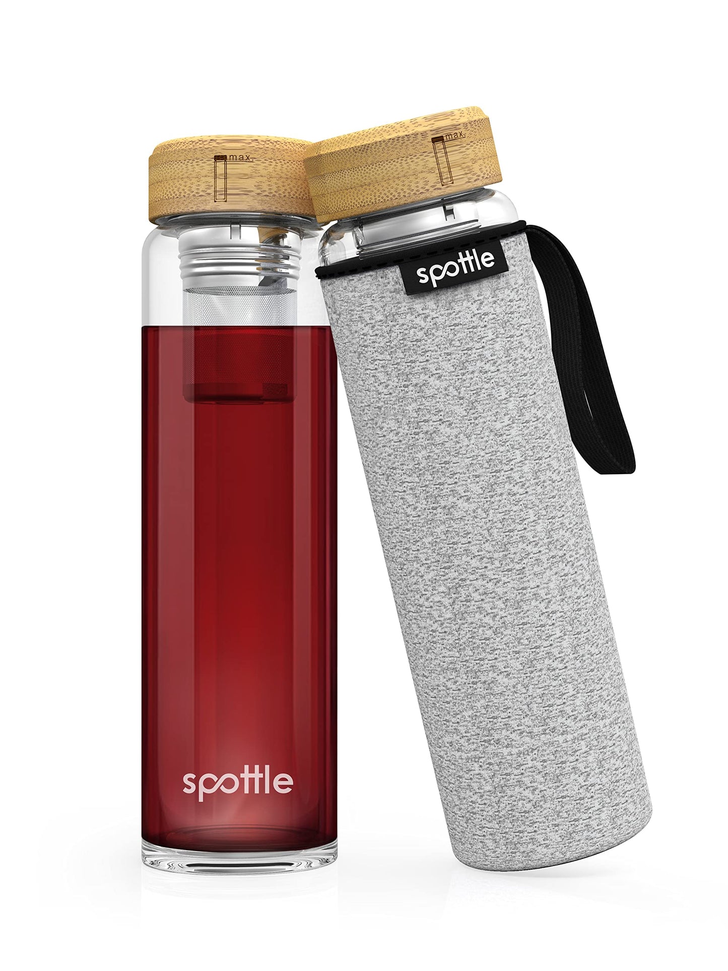 Spottle tea bottle glass 1 liter with infuser - tea kettle to go - glass bottle with tea infuser and protective cover for loose tea & infused water, BPA-free, leak-proof, dishwasher safe.