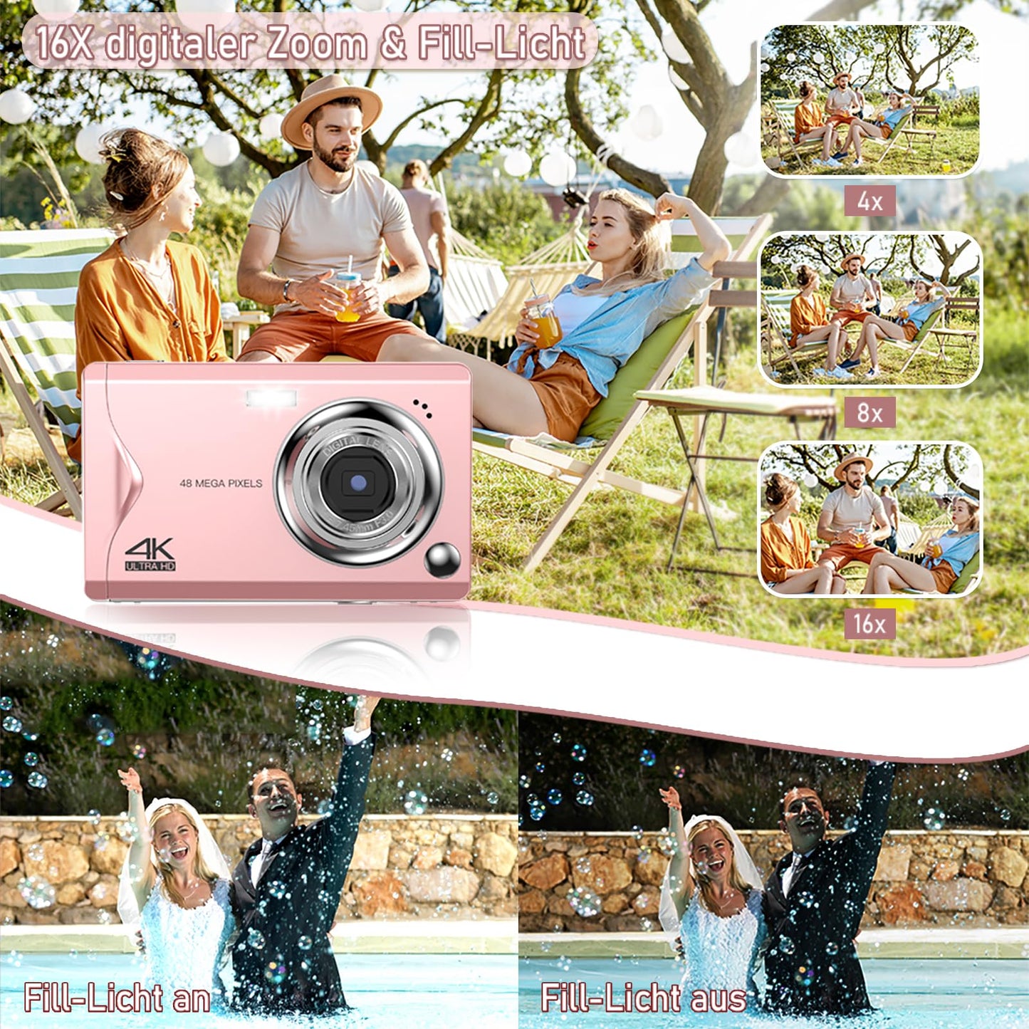 Digital camera, 48MP 1080P Full HD camera, 32GB TF card, 3.0-inch screen, portable compact camera with 16x digital zoom, 4K Ultra HD video recording (pink)