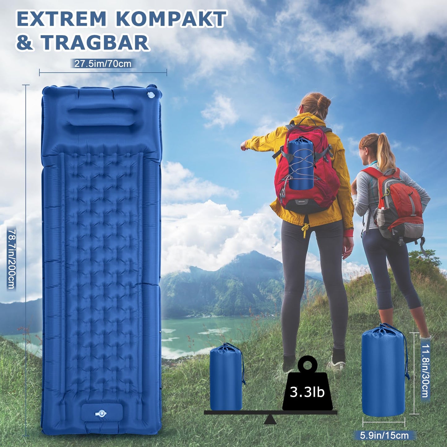 Haksimey Self-Inflating Camping Air Mattress, 12cm Thick Inflatable Camping Mat, 72 * 200cm Air Mattress with Pillow and Foot Pump, Sleeping Pad for Hiking, Beach, Outdoor, and Tent.